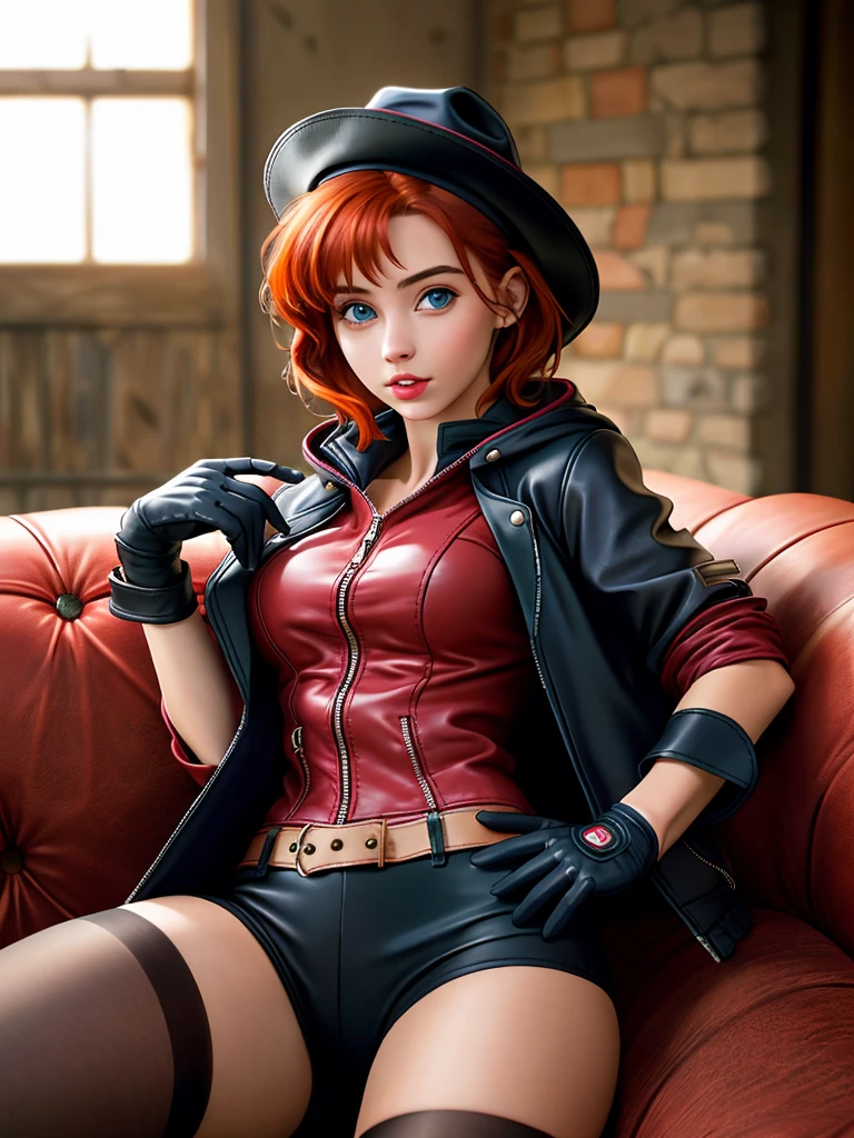 Realistic photo of a beautiful m4rt4g woman,1girl, solo, looking at viewer, blue eyes, red hair, gloves, hat, jacket, pantyhose, hood, fingerless gloves, lips, couch, realistic, professional Photography, Photorealistic, detailed, RAW, analog, sharp focus, high quality, film grain<lora:m4rt4g:1.0>