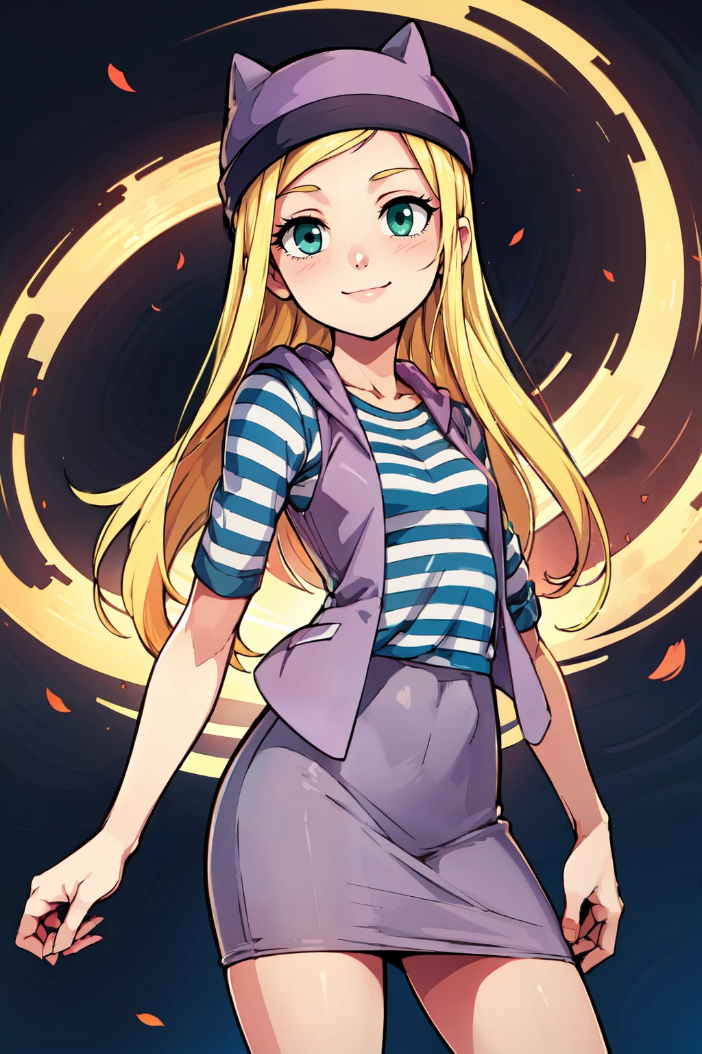 ((masterpiece,best quality)), absurdres, <lora:OrimotoIzumi_v1:0.7>, zzIzumi, perfect, green eyes, blonde hair, long hair, purple vest, striped shirt, hat, skirt, solo, cowboy shot, smile, looking at viewer,