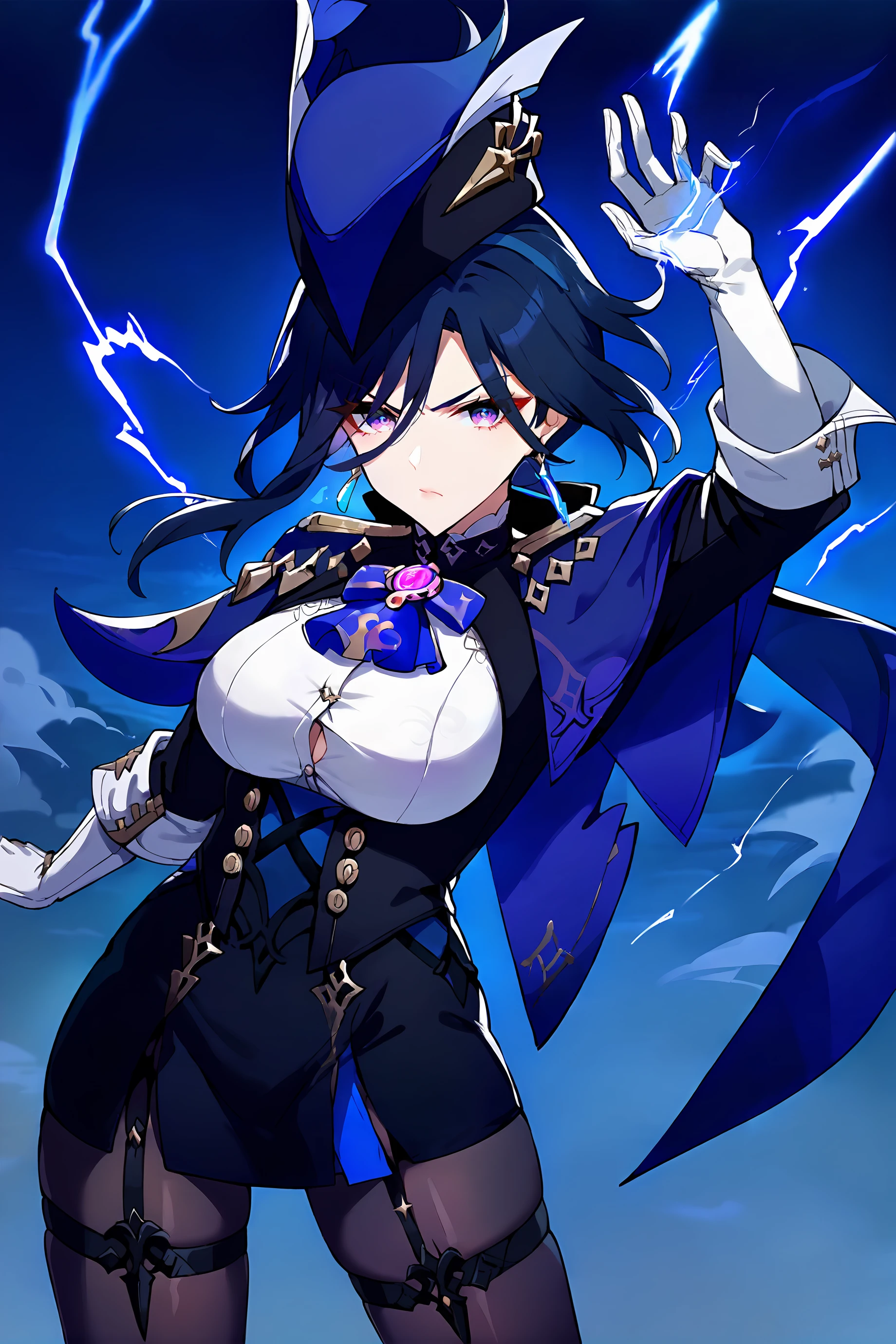 score_9, score_8_up, score_7_up, source anime, 1girl, clorinde \(genshin impact\), tricorne, black pantyhose, earrings, blue cape, white gloves, pencil skirt, white shirt, thigh strap, underbust, ascot, black jacket, depth of field, cowboy shot, lightning, electricity, combat pose, incoming attack, glaring, looking at viewer <lora:Char-Genshin-Clorinde-Pony-V1:0.9> <lora:YaegashiNan-v1-PDXL:0.7>