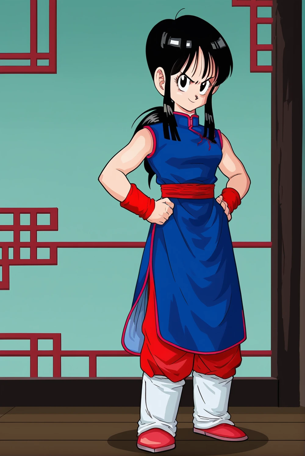 1girl, solo, BREAK outdoors, looking at viewer, (masterpiece:1.2), best quality, high resolution, unity 8k wallpaper, (illustration:0.8),(perfect hands, perfect anatomy), standing, blush, chichi, black hair, black eyes, low ponytail, blunt bangs, sidelocks, chinese clothes, sash, sleeveless, blue dress, wristband, :o, upp0er body <lora:chichiDBZ_scarxzys:1>, <lora:toriyama_akira_3:0.6>