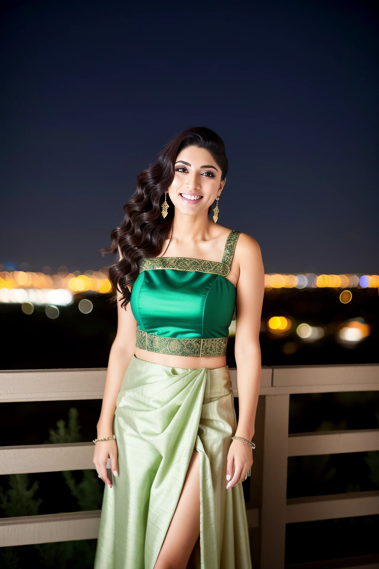 photo of a spna woman, wearing conservative intricate Sage clothes, solo, laughing night time, city lights  in background bokeh, cinematic lighting,    <lora:spna_Sapna_Pabbi_SD15_LoRA_prodigy_local_regsHNepochs-000020:1>