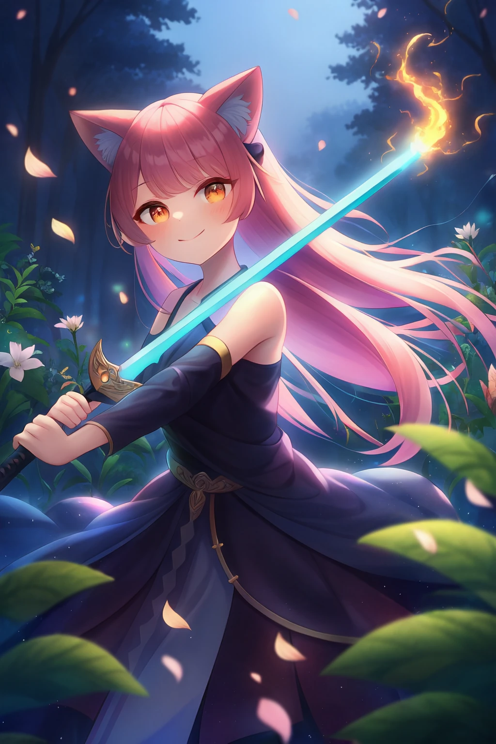 1girl, solo, cat ears, straight hair, pink hair, orange eyes, bare shoulders, looking at viewer, smile, newest, extremely aesthetic, best quality, general, night, forest, flower, vegetation, wind, petals, feathers, fire, magic, electricity, head tilt, holding sword, pointing sword,