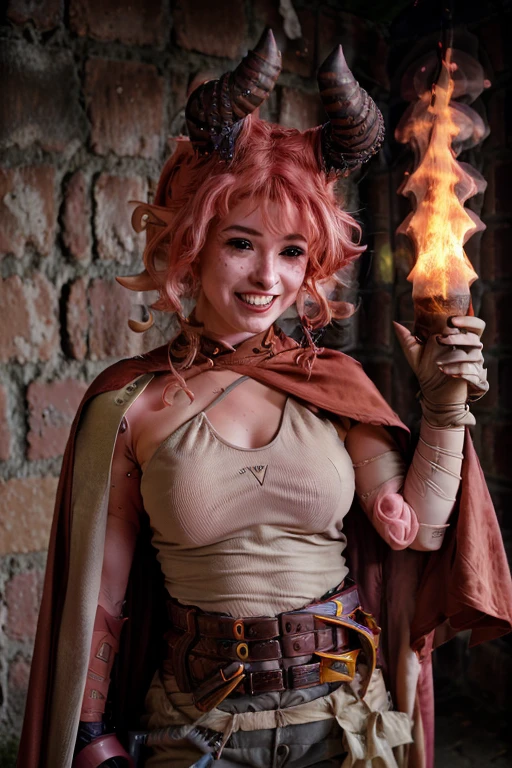 RAW photo, a photo of nixie with pink hair and horns on her head, her mouth closed smiling , arm outstretched throwing fire, red cape over her shoulders wearing a brown shirt, detailed face, pale skin, slim body, background is dungeon, (high detailed skin:1.2), 8k uhd, dslr, soft lighting, high quality, film grain, Fujifilm XT3
<lora:nixie v1.1:1>