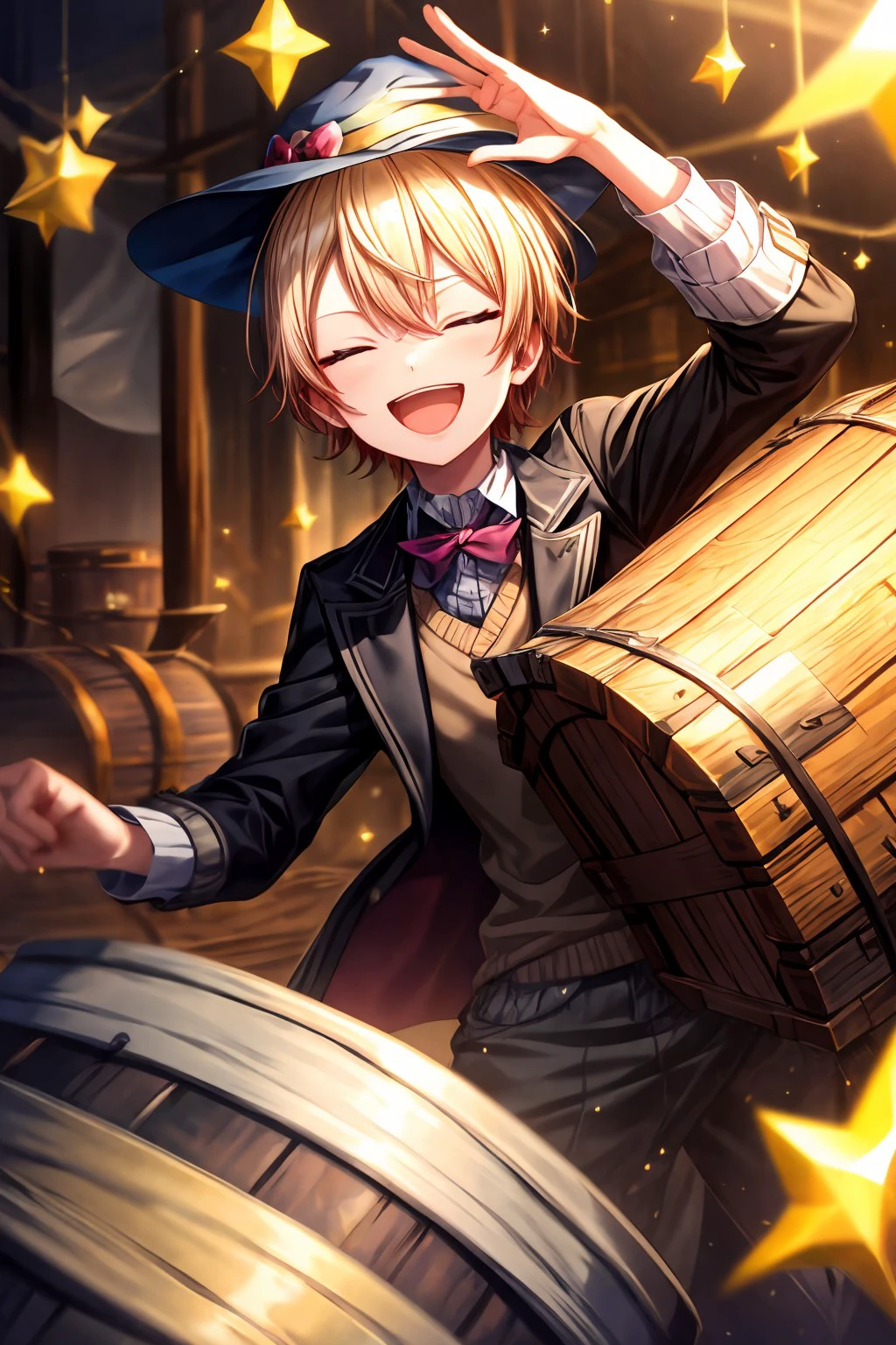 (masterpiece), best quality, expressive eyes, perfect face, tenma_t, smile, open mouth, hat, closed eyes, vest, sparkle, barrel, treasure chest, <lora:42d2fb5a-ed32-4a59-ba8e-eca9276e1d3f:0.7>, <lora:more_details:0.7>