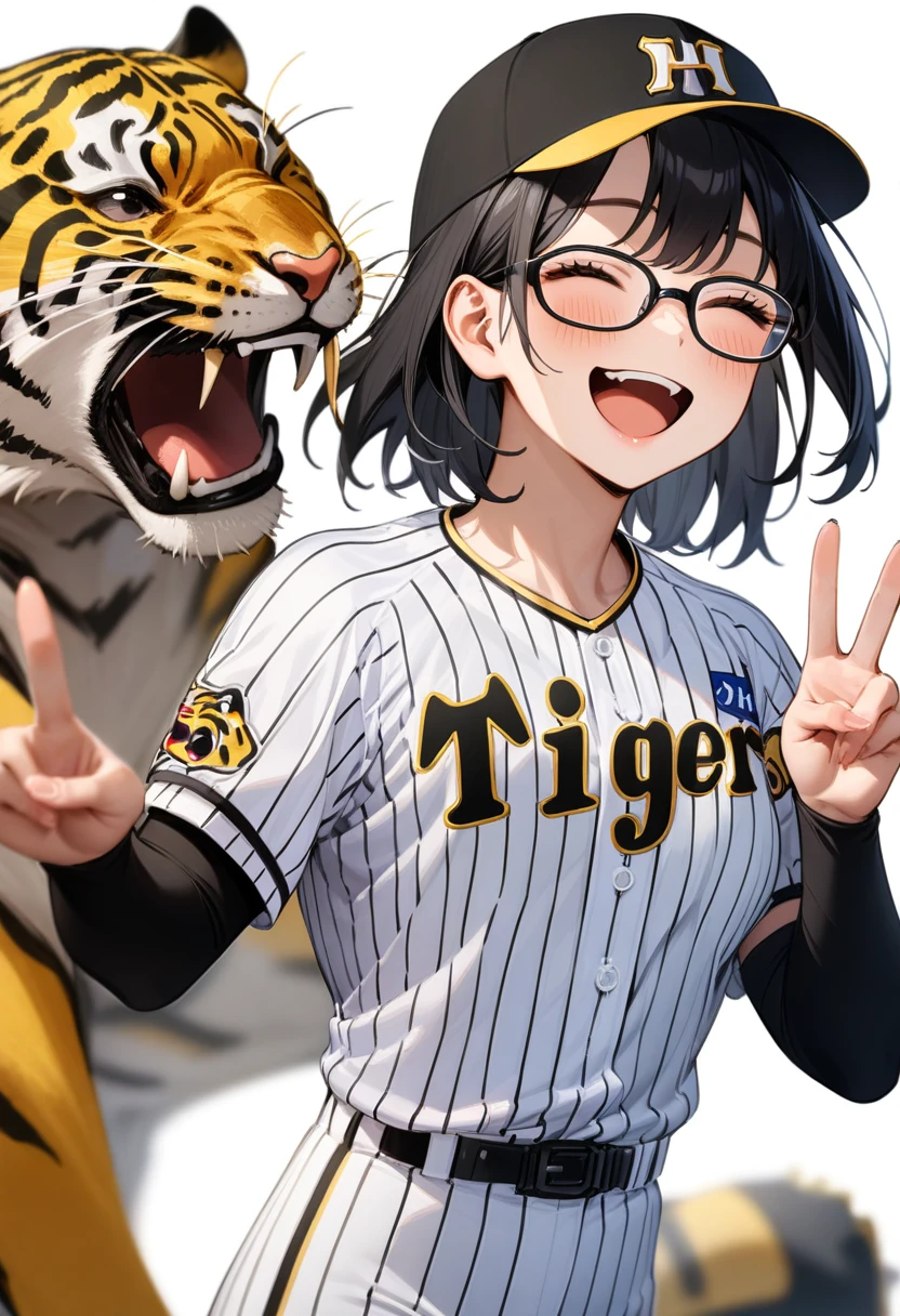 masterpiece, best quality, very aesthetic, absurdres,
1girl, solo, glasses, black hair, medium hair, happy, smile, v, closed eyes, open mouth,
tigers_uniform, baseball uniform, white background, sportswear, tiger, simple background, baseball cap, black cap,
<lora:HanshinTigersU_SDXL_V1:1>