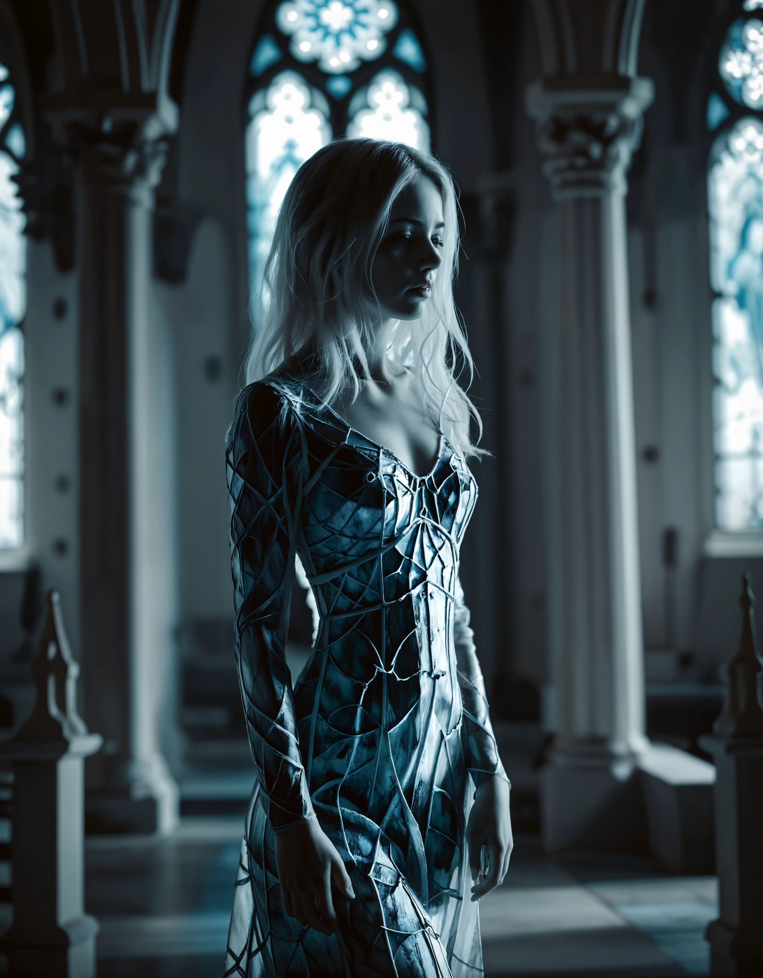 zavy-nfrrd, infrared, white, light-blue highlights, cinematic film still of a young woman ghost in cathedral, stained glass, dress, 100mm f/2.8 macro lens,