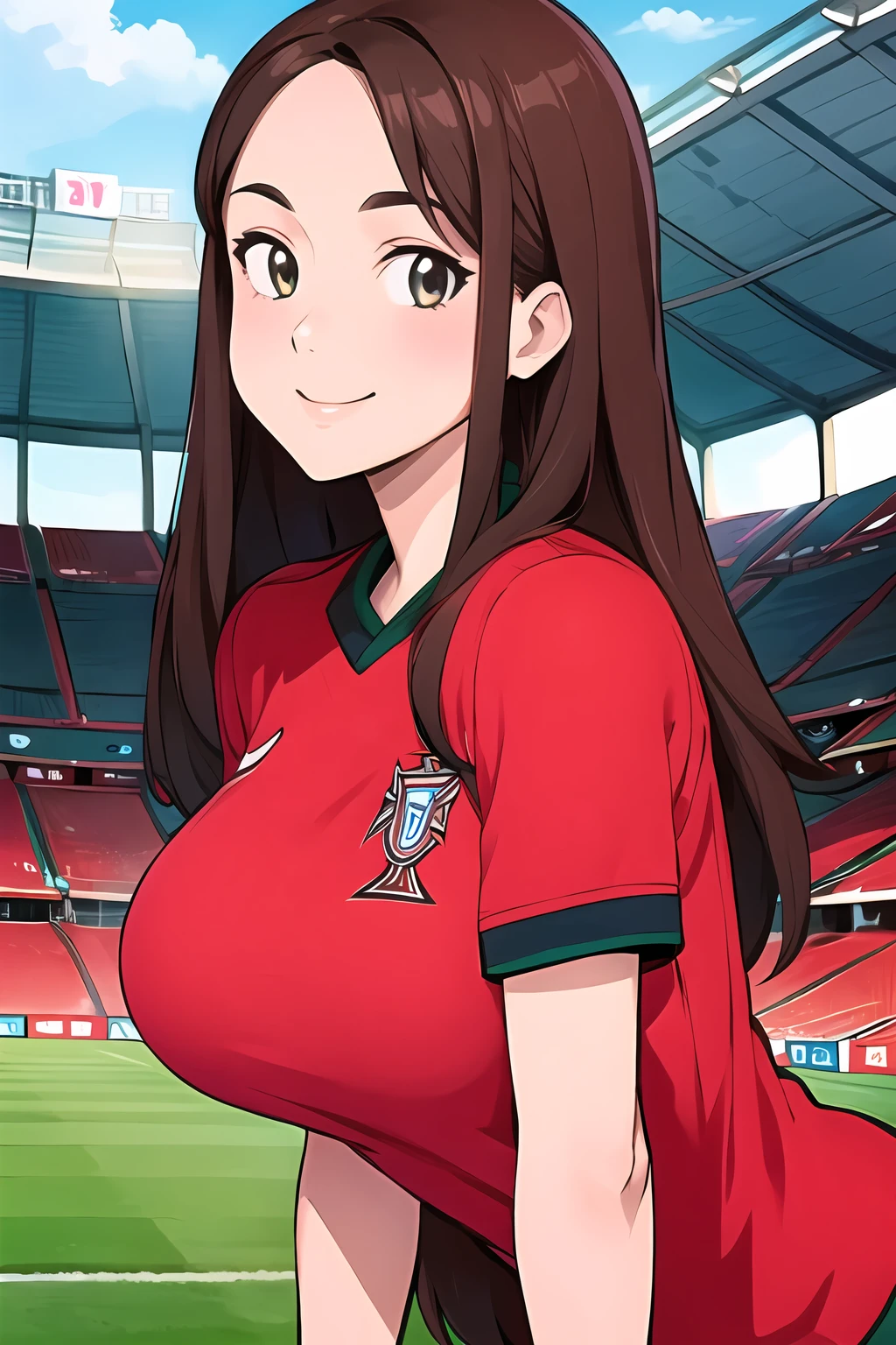 <lora:SC-P0R_Shirt_2024:1>, p0rtug4l, sportswear, soccer uniform, red shirt, shorts, upper body, from side, looking at viewer, 1girl, brown hair, long hair, smile, (stadium:1.2), green field, massive breasts, (best quality), (ultra-detailed), (best illustration)