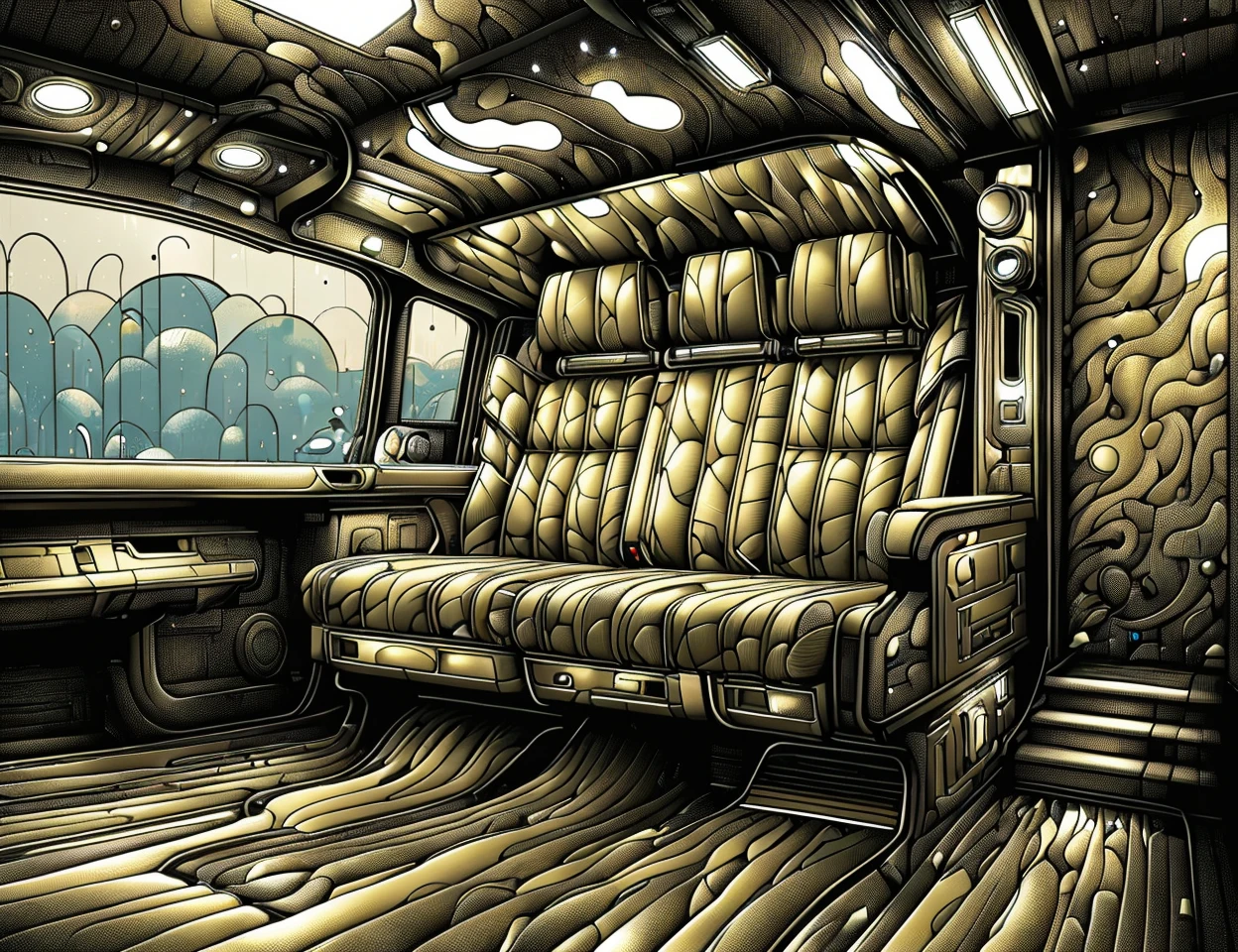 masterpiece, awesome quality, cinematic lighting, detailed, DonMFr4ctur3dD1ff big Conveyance, upswept roofline, footwell lights, custom upholstery, vibroblade, unconventional, goldenrod, rippled surface, , candyland <lora:DonMFr4ctur3dD1ff:1>