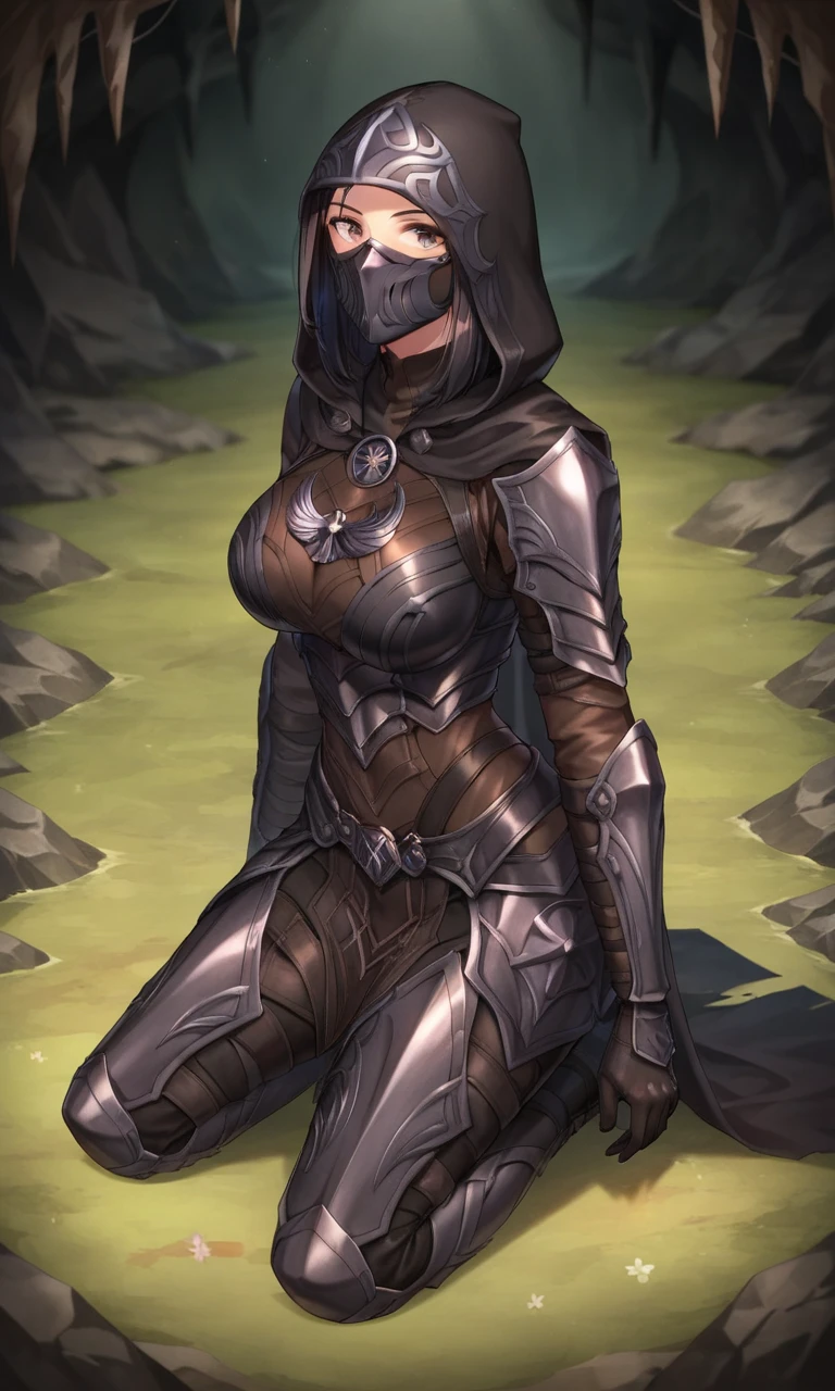 anime studio, anime artwork, anime artstyle, vibrant, score_9, score_8_up, score_7_up, source_anime, 1girl, big breasts, dark hair, emblem on chest, (full pitch black armor:1.2), (black full gloves:1.2), (fully clothed:1.2), masked face, hood, cave, secret hideout, lit by torches, glavakolhoza_nightingale,
<lora:glavakolhoza_nightingale:0.65>, kneeling, close up, sideview