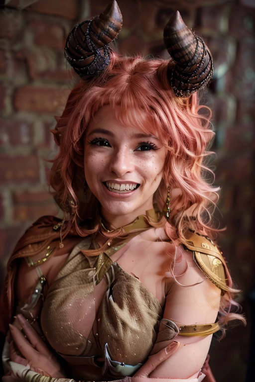 a Realistic portrait of a nixie woman with brown eyes and horns on her head and pink hair, looking at the viewer, detailed face, detailed eyes, (smiling showing teeth:1.1), perfect slim body, modelshoot style, hand on own shoulder,  wearing gold earrings and jewelry, soft lighting, professional Photography, Photorealistic, detailed, standing in a dark Studio Room background, blurred background, RAW, analog, sharp focus, 8k, HD, DSLR, high quality, Fujifilm XT3, film grain, award winning, masterpiece
<lora:nixie v1.1:1>