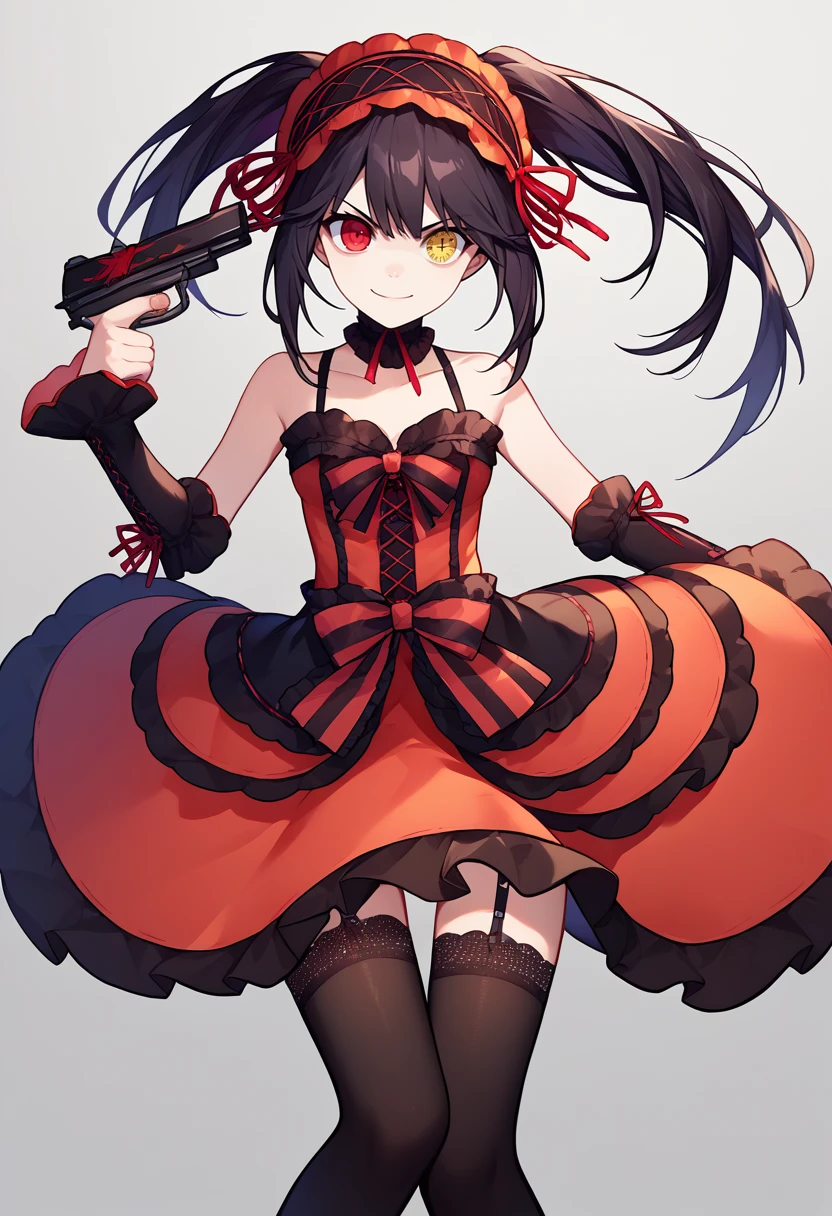 score_9, score_8_up, score_7_up, source_anime, solo, 1girl, KurumiBase, smirk, looking at viewer, gun to head, holding weapon, holding gun, clock eyes, red eye, yellow eye, heterochromia, black hair, twintails, hairband, red dress, striped bow, frills, detached sleeves, frilled choker, black thighhighs, garter straps<lora:ChamTokisakiKurumiPonyXL:1> <lora:concept_guntohead_ponyXL:1>