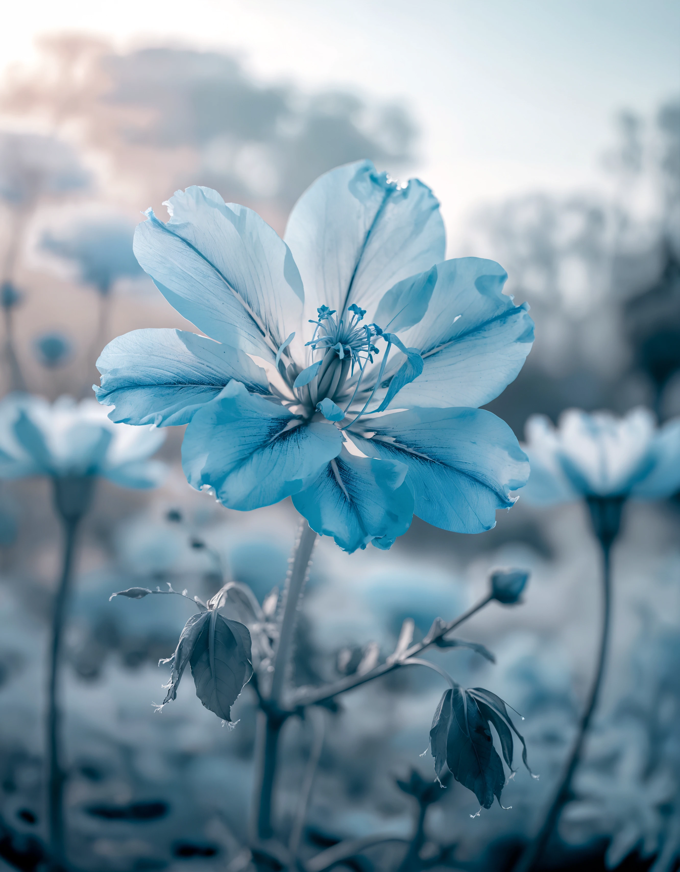 zavy-nfrrd, infrared, light-blue highlights, a beautiful blooming flower at dawn, 100mm f/2.8 macro lens,