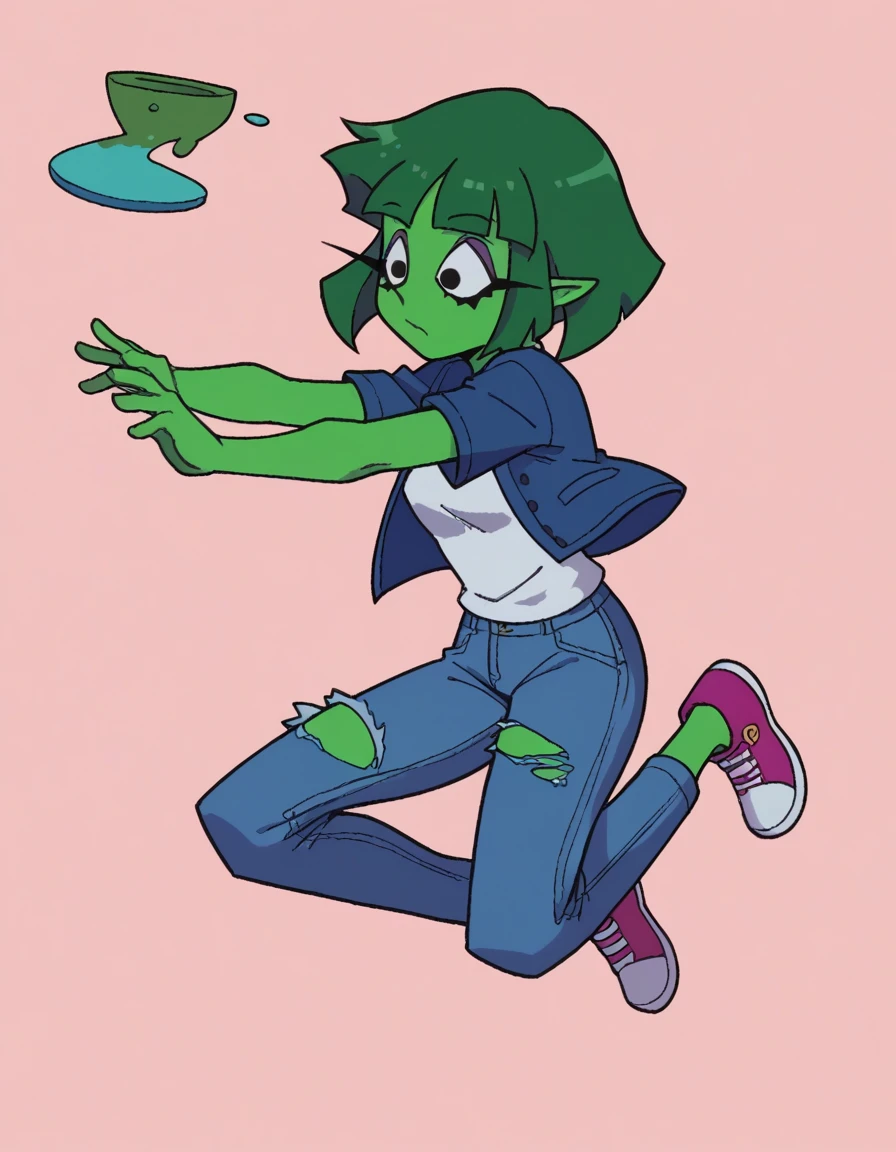 zPDXL, score_9, score_8_up, score_7_up, source_anime, BREAK
1girl, solo, <lora:HandsUp!-20:1>, margo, green skin, green hair, purple eyeshadow, black eyes, bob cut, pointy ears , wearing 90s fashion: oversize denim jacket and t-shirt, baggy ripped jeans, canvas sneakers, jumping,
