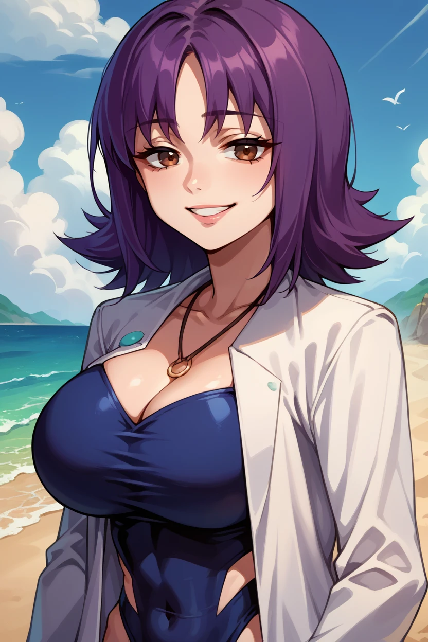 (absurdres, 8k, 4k, masterpiece, hyper extreme detailed:1.2), solo, 1girl, front view, portrait, best quality, expressive eyes, perfect face, 1girl, portrait, solo, standing, Female, toned body, mature female, small breasts, pale, hair covering one eye, dark brown hair, long hair, eyepatch, sarcastic, snarky, soldier, adult, hazel eyes, delinquent, sarcastic, white jacket tied around waist, brown swimsuit, two piece, bikini, beach background, hand to head, smirk, beach towel, crazy eyes, messy hair, swept bangs, midriff,