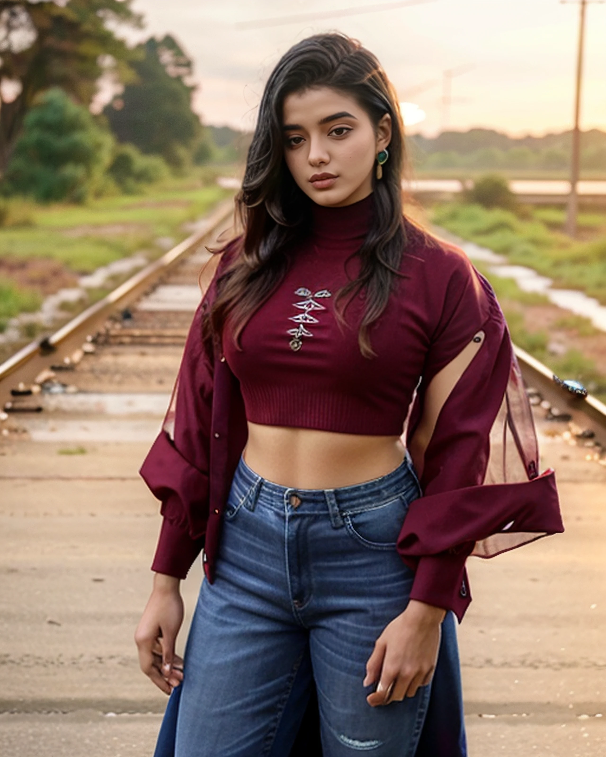 full body photo of a ktka woman, wearing intricate Crimson Jeans_with_kurta, solo, light lipstick, outdoors in railroad crossing, background bokeh    <lora:ktka_Ketika_Sharma_SD15_LoRA_prodigy_local_regs_50epochs-000040:1>