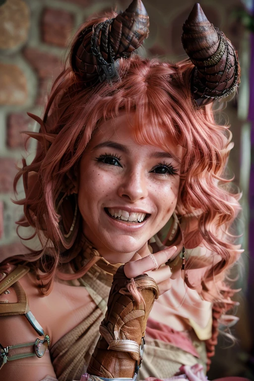 a Realistic portrait of a nixie woman with brown eyes and horns on her head and pink hair, looking at the viewer, detailed face, detailed eyes, (smiling showing teeth:1.1), perfect slim body, modelshoot style, hand on own shoulder,  wearing gold earrings and jewelry, soft lighting, professional Photography, Photorealistic, detailed, standing in a dark Studio Room background, blurred background, RAW, analog, sharp focus, 8k, HD, DSLR, high quality, Fujifilm XT3, film grain, award winning, masterpiece
<lora:nixie v1.1:1>