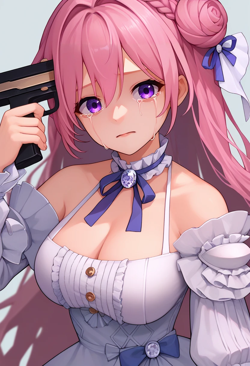 score_9, score_8_up, score_7_up, source_anime, upper body, solo, 1girl, dorothydef, crying, looking at viewer, tears, gun to head, holding weapon, holding gun, pink hair, long hair, hair bun, braid, purple eyes, hair ribbon, hair ornament, purple ribbon, white dress, cleavage, large breasts, halterneck, frilled choker, frills, detached sleeves, puffy sleeves <lora:concept_guntohead_ponyXL:1> <lora:dorothy-nikke-richy-v1_pdxl:1>