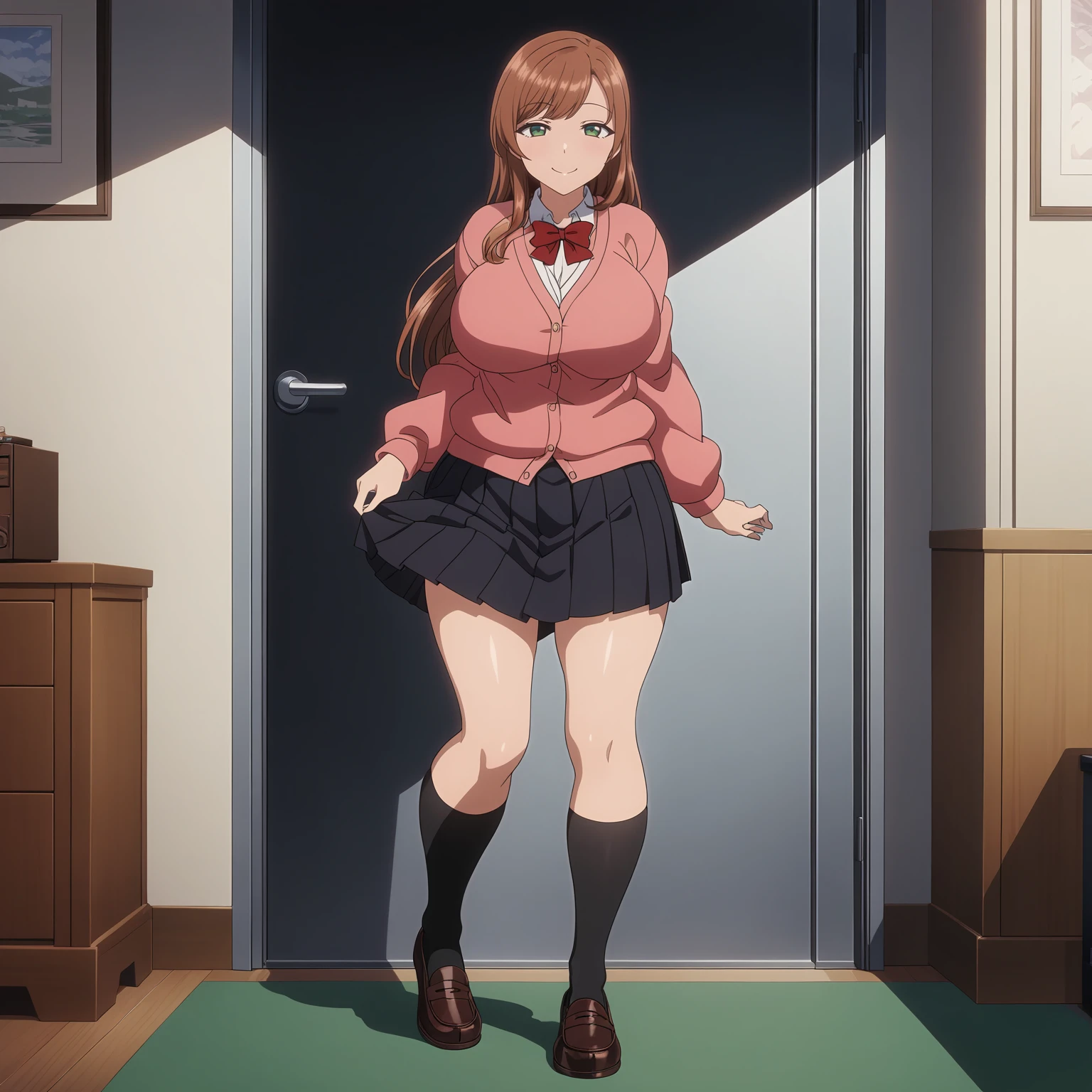 <lora:MinakoSanadaXL001>,
anime screencap,
best quality,masterpiece,
solo,
smile,
MinakoSanada,1girl,brown hair,long hair,green eyes,
large breasts,
white shirt,red bowtie,pink cardigan,long sleeves,
pleated_skirt,black skirt,
thigh,black socks,loafers,
full body,standing,