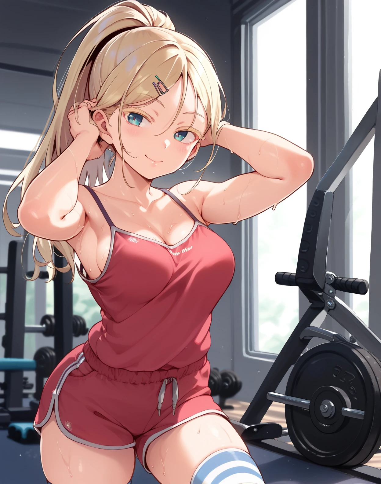 score_9, score_8_up, score_7_up, a girl in a gym, high ponytail, hairclip, colored eyelashes, gym shorts,striped thighhighs, smile,blonde white hair, spaghetti strap, sweat, hands_on_own hair, standing,  medium breasts, 
 <lora:mamezou_style_pony6_v1-000032:1>