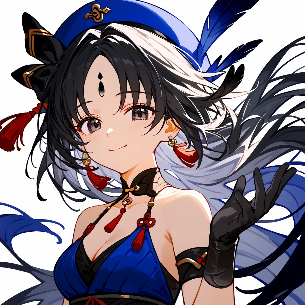 1girl,
yangyang \(wuthering waves\),
solo, rating safe, black gloves, choker, closed mouth, cleavage, looking at viewer, forehead, blue hat, black hair, black choker, bare shoulders, black eyes, white background, medium breasts, smile, hat, bow, simple background, collarbone, upper body, hair bow, armlet, long hair, gloves, tassel, breasts, feathers, half gloves, tessen, parted bangs,
score_9, score_8_up, score_7_up, score_6_up
<lora:mki-pony-yangyang-v2:1>