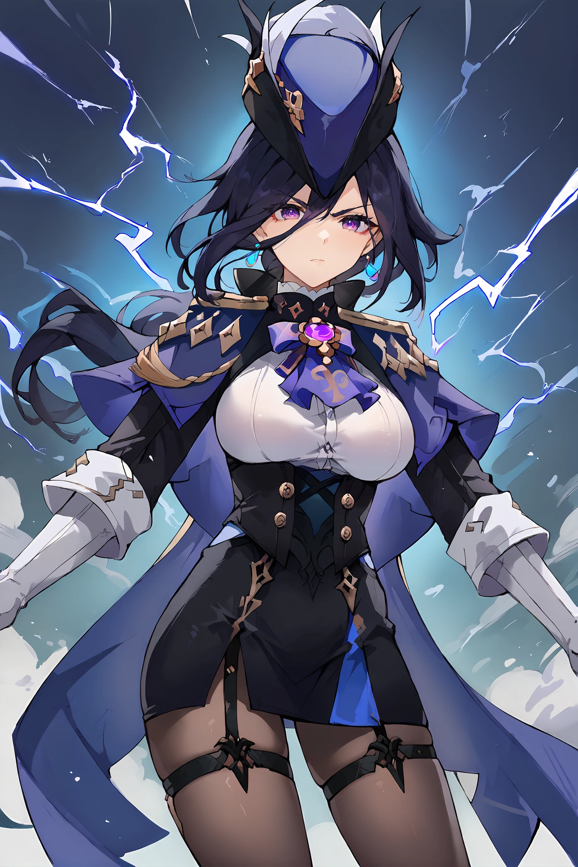 score_9, score_8_up, score_7_up, source anime, 1girl, clorinde \(genshin impact\), tricorne, black pantyhose, earrings, blue cape, white gloves, pencil skirt, white shirt, thigh strap, underbust, ascot, black jacket, depth of field, cowboy shot, lightning, electricity, combat pose, incoming attack, glaring, looking at viewer <lora:Char-Genshin-Clorinde-Pony-V1:0.9> <lora:mikozin__Blue_archive_style:0.7>