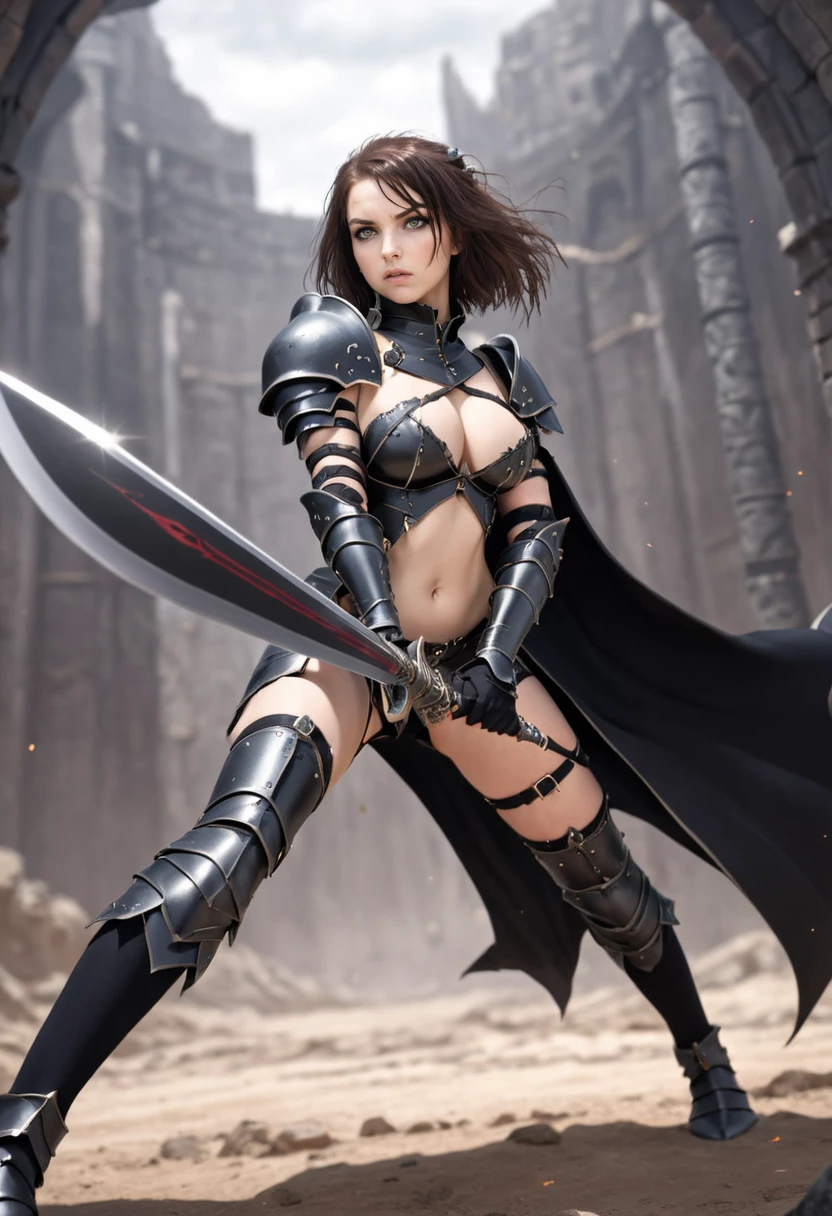 1girl, 
brave perspective, holding sword, 
skimpy black armored battle dress, armored thighhighs,
dynamic,
fantasy background,
 <lora:brave-perspective:1>
