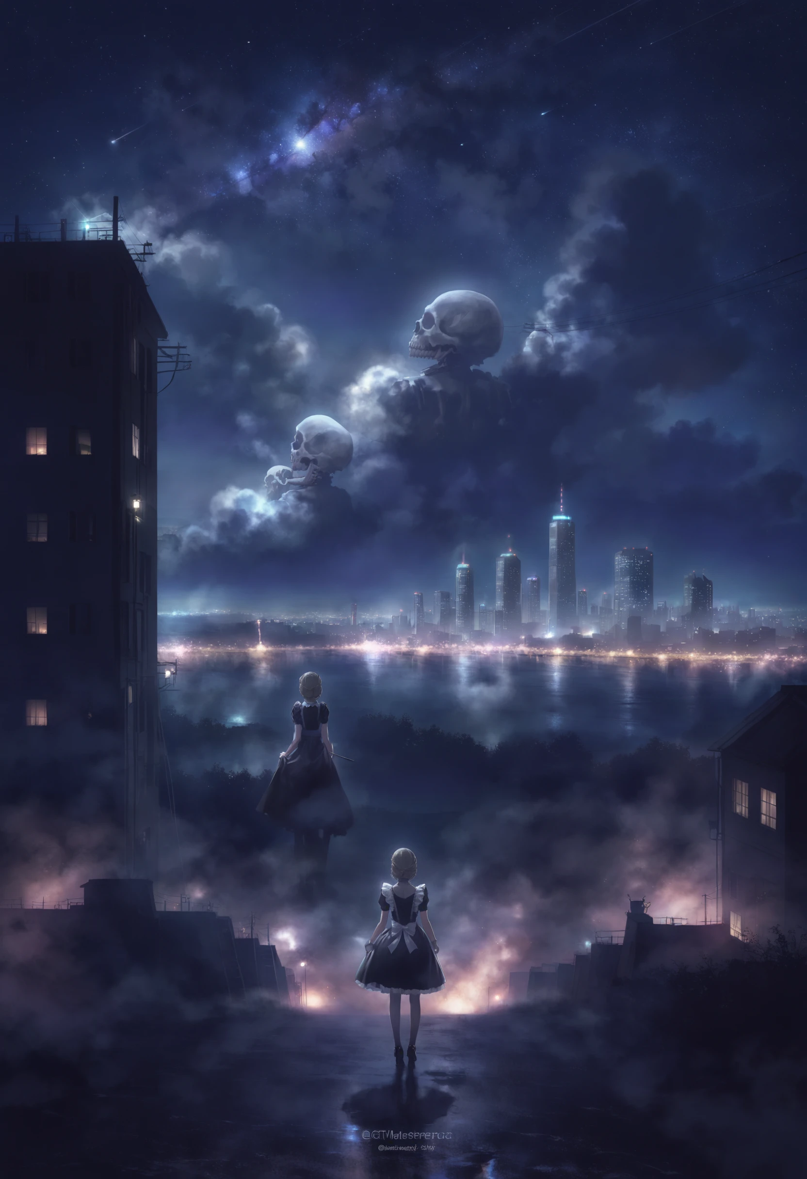 masterpiece, best quality,1girl, solo, GTG3, maid, scenery, night, star, (sky:1.1), (sky:1.1), starry sky, night sky, nebula, standing, dress, cityscape, web address, pollution, black dress, power lines, city, full body, skull, silhouette, skyscraper, watermark, twitter username, building, comet, outdoors, star \(sky\), wide shot, from behind