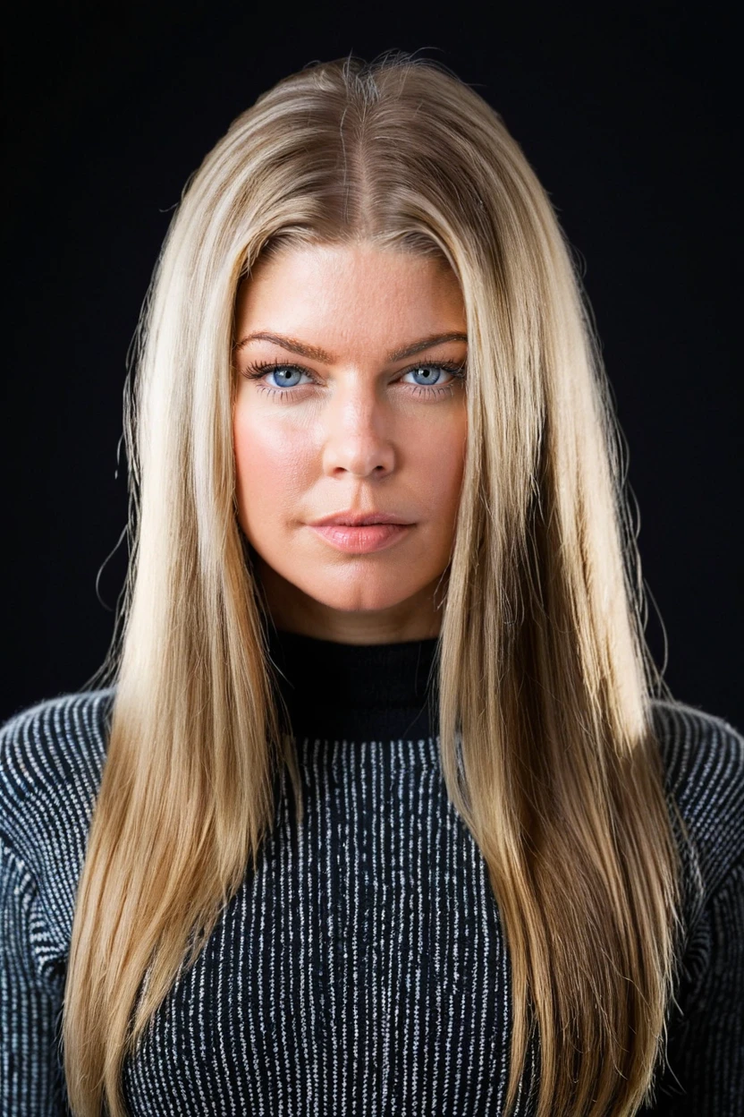 portrait photo of a young ohwx woman,wearing a sweater, long straight hair,cinematic lighting,natural skin,close up,eyelevel,dark theme, plain background  <lora:Fergie-000006:0.8>