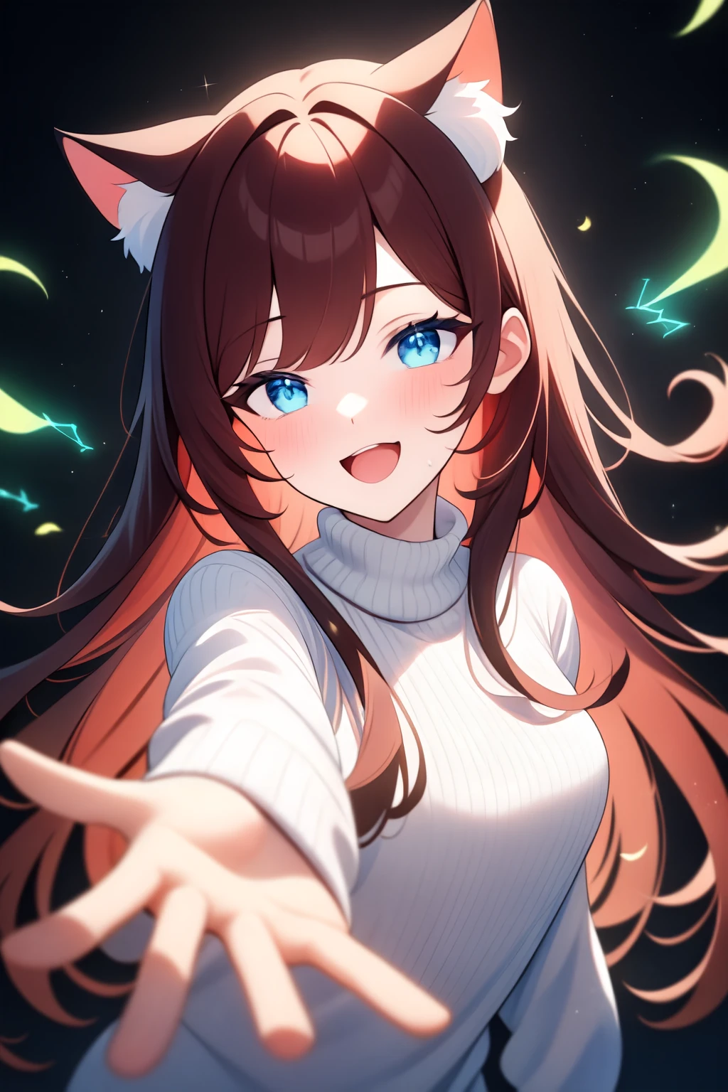 1girl, solo, cat ears, straight hair, raifu, blue eyes, white sweater, looking at viewer, smile, newest, extremely aesthetic, best quality, general, black background, wind, petals, feathers, magic, electricity, bioluminescence, depth of field, fireflies, head tilt, fire, space, open mouth,reaching out,