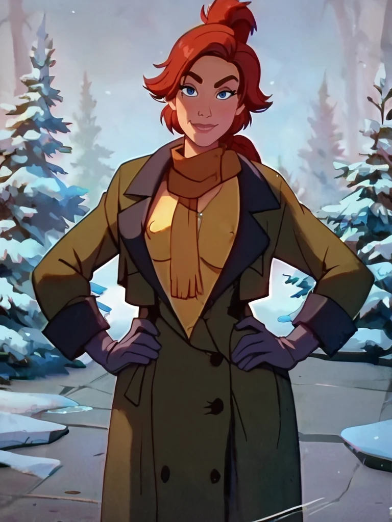score_9, score_8_up, score_7_up, score_6_up, AnastasiaXLP hands on hips, short hair, red hair, blue eyes, coat, scarf, ponytail, gloves, motion lines, covered nipples, smile, curvy, looking at viewer, cowboy shot, dynamic pose, solo, dutch angle, front, screencap, sexy, sexually suggestive, from above, open clothes,
<lora:AnastasiaXLP_character:1>