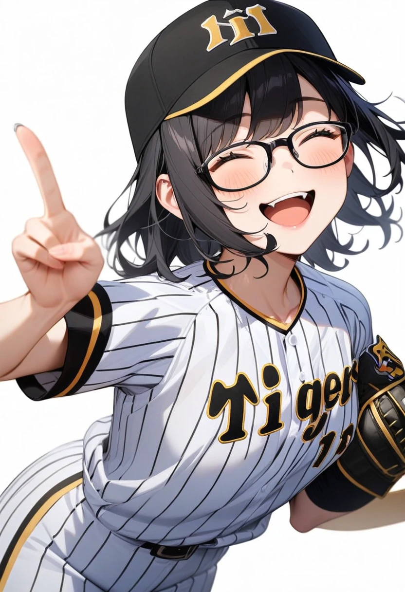masterpiece, best quality, very aesthetic, absurdres,
1girl, solo, glasses, black hair, medium hair, happy, smile, v, closed eyes, open mouth,
tigers_uniform, baseball uniform, white background, sportswear, simple background, baseball cap, black cap,
<lora:HanshinTigersU_SDXL_V1:1>
