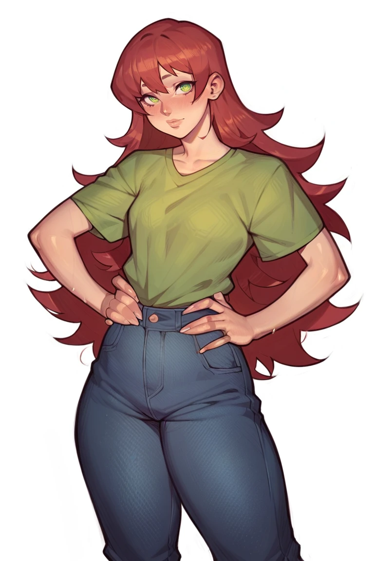<lora:Asura:1>, score_9, score_8_up, score_7_up, score_6_up, score_5_up, rating_questionable, source cartoon
1girl, pretty face, pretty eyes, detailed eyes, HD eyes, thick thighs
hands on hips, standing, cowboy shot
looking at viewer, blush, eyebrows, long hair, red hair, green eyes jeans, green t-shirt, boots, high waisted jeans
simple background, white background