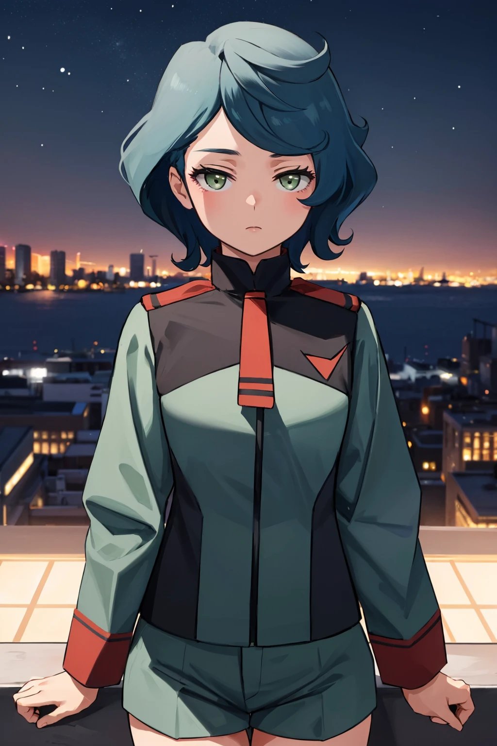 masterpiece, best quality, 1girl, <lora:noreadunoc-nvwls-v1-000009:1> noreadunoc, green jacket, short necktie, long sleeves, green shorts, upper body, city, night sky, looking at viewer