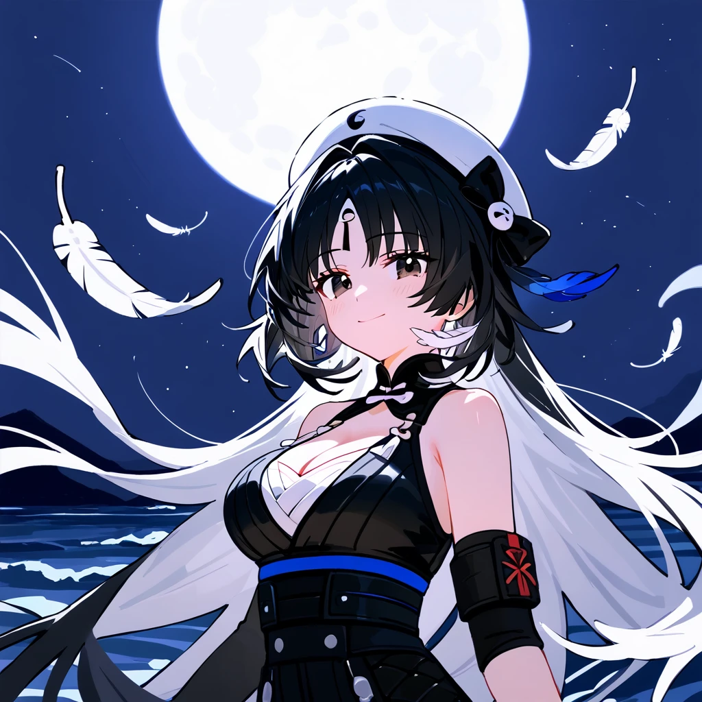 1girl,
yangyang \(wuthering waves\),
solo, rating safe, outdoors, hair bow, upper body, hat, bow, looking at viewer, black hair, huge moon, long hair, sky, smile, black gloves, star \(sky\), beret, gloves, fingerless gloves, white hat, night, night sky, moon, black bow, full moon, closed mouth, starry sky, breasts, blush, black eyes, cleavage, feather hair, large breasts,
score_9, score_8_up, masterpiece, best quality
<lora:mki-pony-yangyang-v2:1>