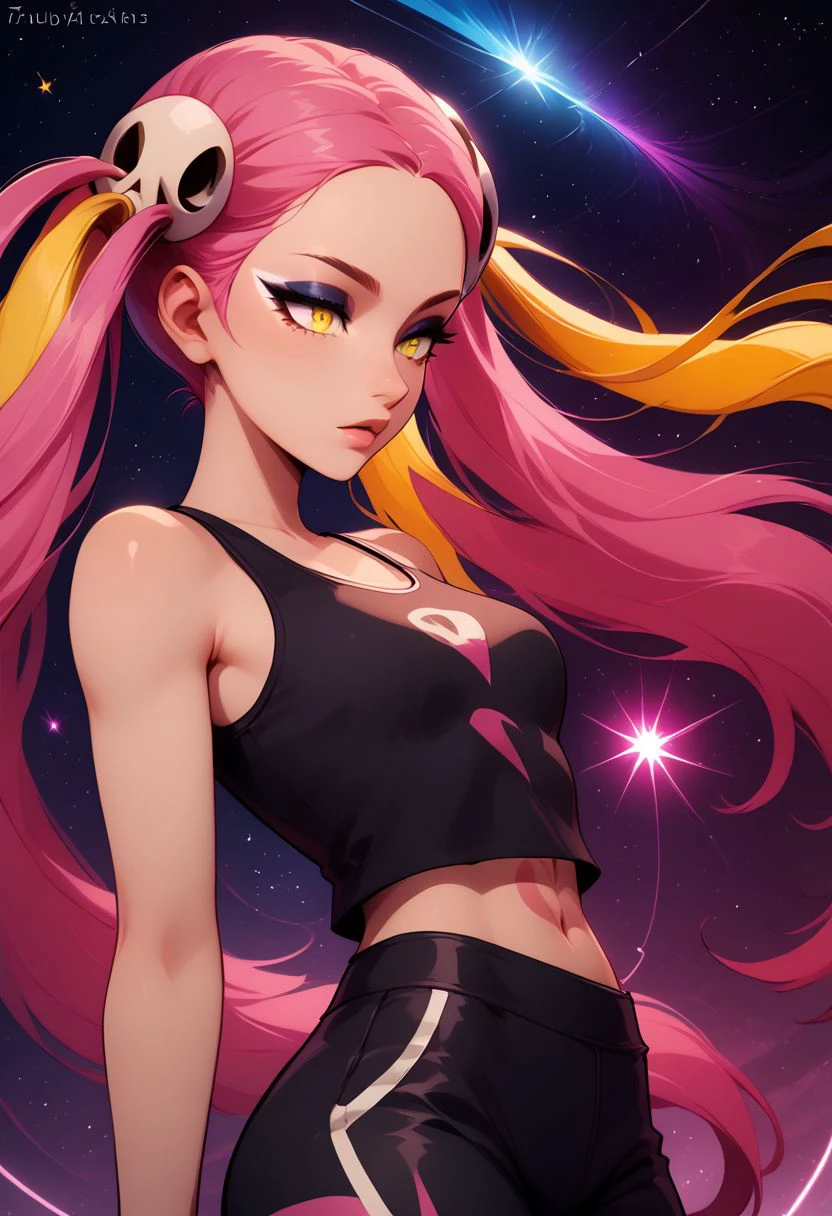 score_9, score_8_up, score_8, medium breasts, (curvy), cute, eyelashes,  rating_safe,
BREAK, 
zzPlumeria, pink hair, multicolored hair, blonde hair, two-tone hair, long hair, yellow eyes, hair ornament, quad tails, breasts, eyeshadow, skull hair ornament, black tank top, eyeshadow, makeup, black baggy pants, tattoo, 
BREAK, 
dynamic angle, stars, floating, colorful, pink, blue eyes, black bow, from side, on back, spaceship, technological,
zPDXL,