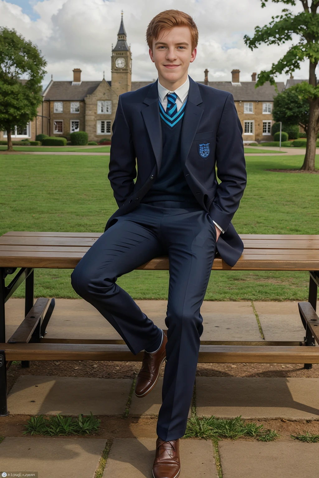 British private school in the background, sitting on a picnic table, smiling, MichaelRed, wearing heartstopper uniform, slacks, (((full body portrait))), wide angle, (male focus:1.4) <lora:MichaelRed:0.8> <lora:heartstopper_lora:0.85>