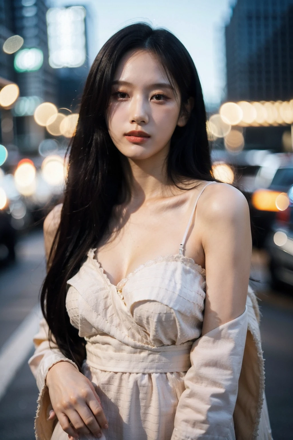 Best quality, masterpiece, ultra high res, (photorealistic), raw photo,1girl, skinny, upper body,solo, realistic, looking at viewer, long hair, bokeh background, city streets,brown eyes, bohemian dress, <lora:makina69_seori_v1.0:1>