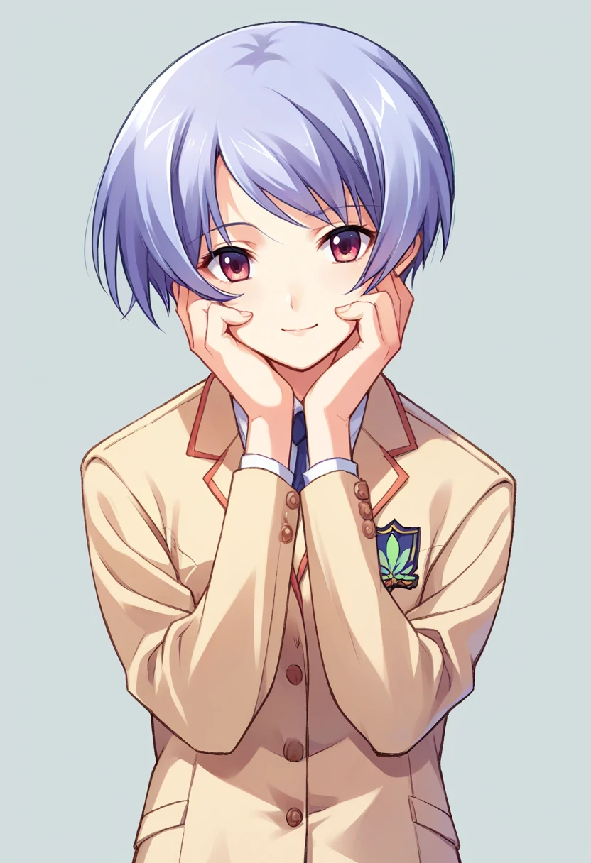 score_9, score_8_up, score_7_up, source_anime, <lora:wrenchchaosheadayasekishimoto:1>, chayasekishimoto, school uniform, light smile, hands on own cheeks, head tilt,