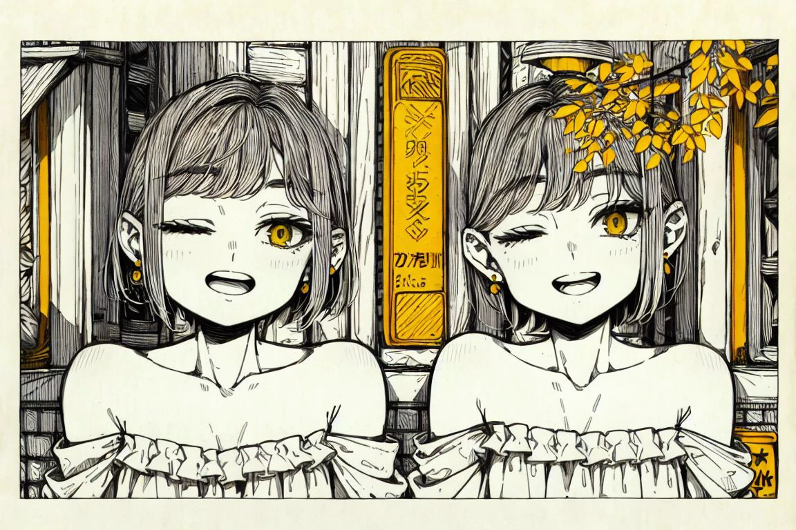 masterpiece, <lora:kitamurashu-56:1>
kitamurashu, smile, short hair, open mouth, multiple girls, dress, 2girls, jewelry, monochrome, yellow eyes, upper body, earrings, one eye closed, off shoulder, leaf, border, plant, white border, spot color