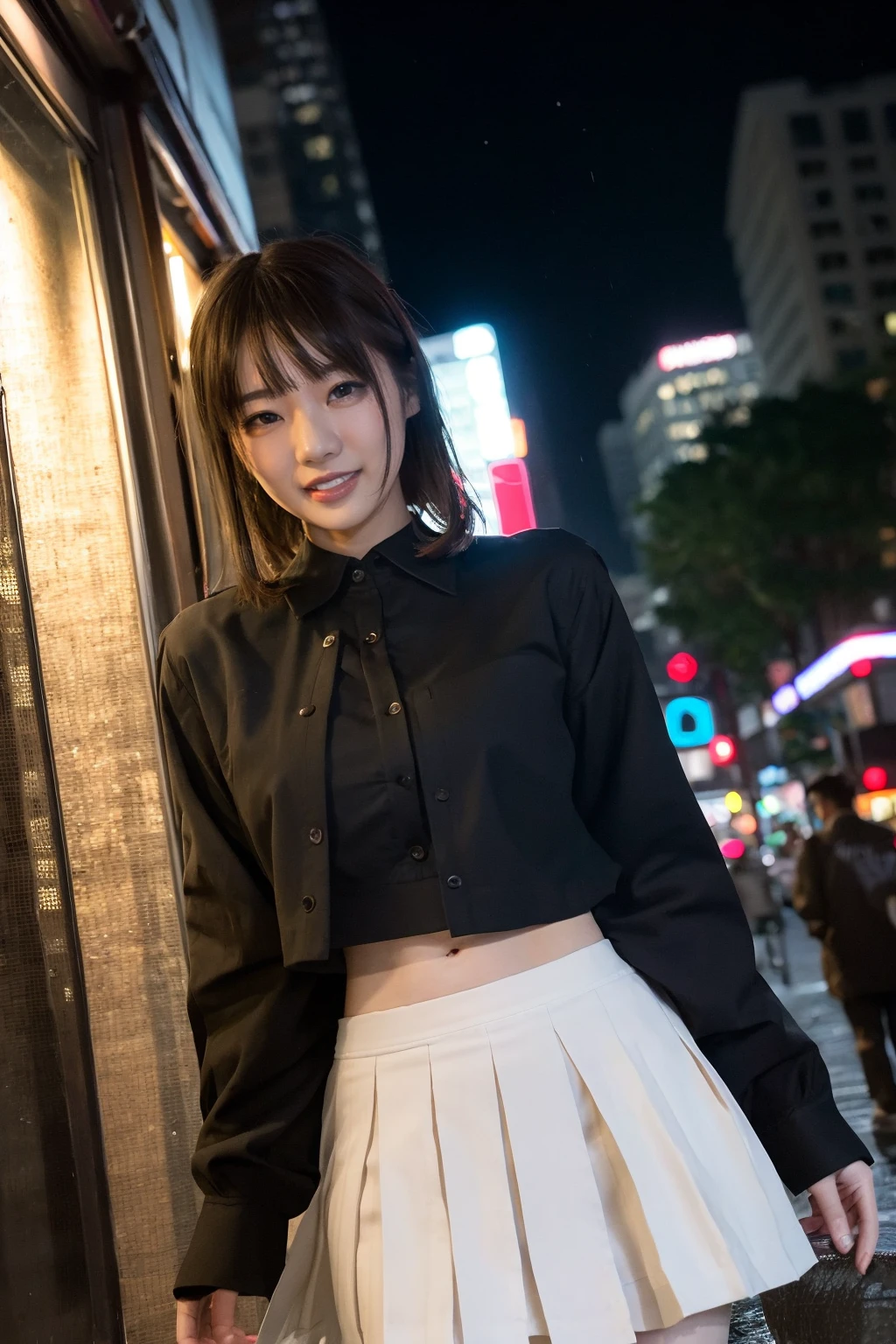 <lora:airi321:1>,masterpiece,best quality,1girl,solo,realistic,smile,photorealistic,ultra detailed,looking to the viewer,upper body,airi suzumura,crop top,pleated skirt,cityscape,neon lights,rain,night sky,thighs,brown hair,city, skyscrapers, streets, nighttime, foggy, chaotic, gritty,Ambient occlusion,