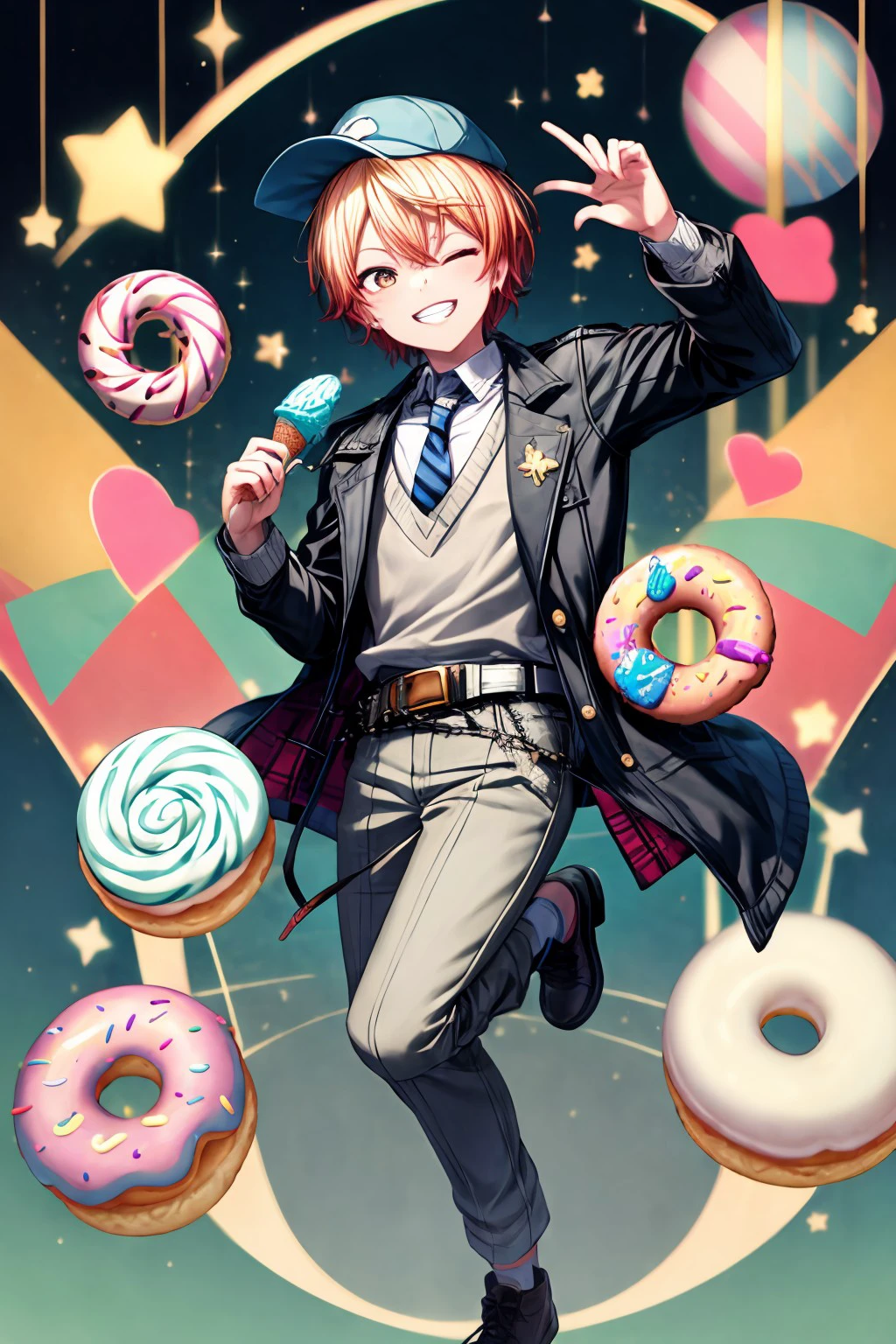 (masterpiece), best quality, expressive eyes, perfect face, tenma_t, looking at viewer, smile, shirt, hat, holding, jacket, full body, one eye closed, food, necktie, teeth, belt, pants, star (symbol), orange hair, grin, holding food, candy, blue headwear, lollipop, ice cream, doughnut, ice cream cone, colorful, cupcake, sweets, <lora:42d2fb5a-ed32-4a59-ba8e-eca9276e1d3f:0.7>, <lora:more_details:0.7>