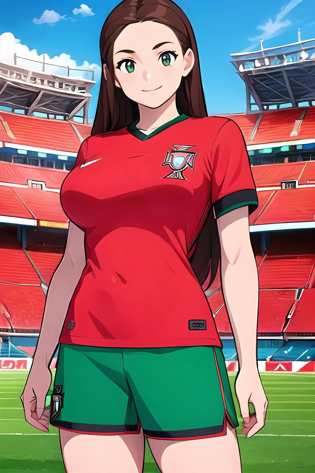 <lora:SC-P0R_Shirt_2024:1>, p0rtug4l, sportswear, soccer uniform, red shirt, shorts, (cowboy shot:1.2), 1girl, brown hair, long hair, smile, (stadium:1.2), green field, massive breasts, (best quality), (ultra-detailed), (best illustration)