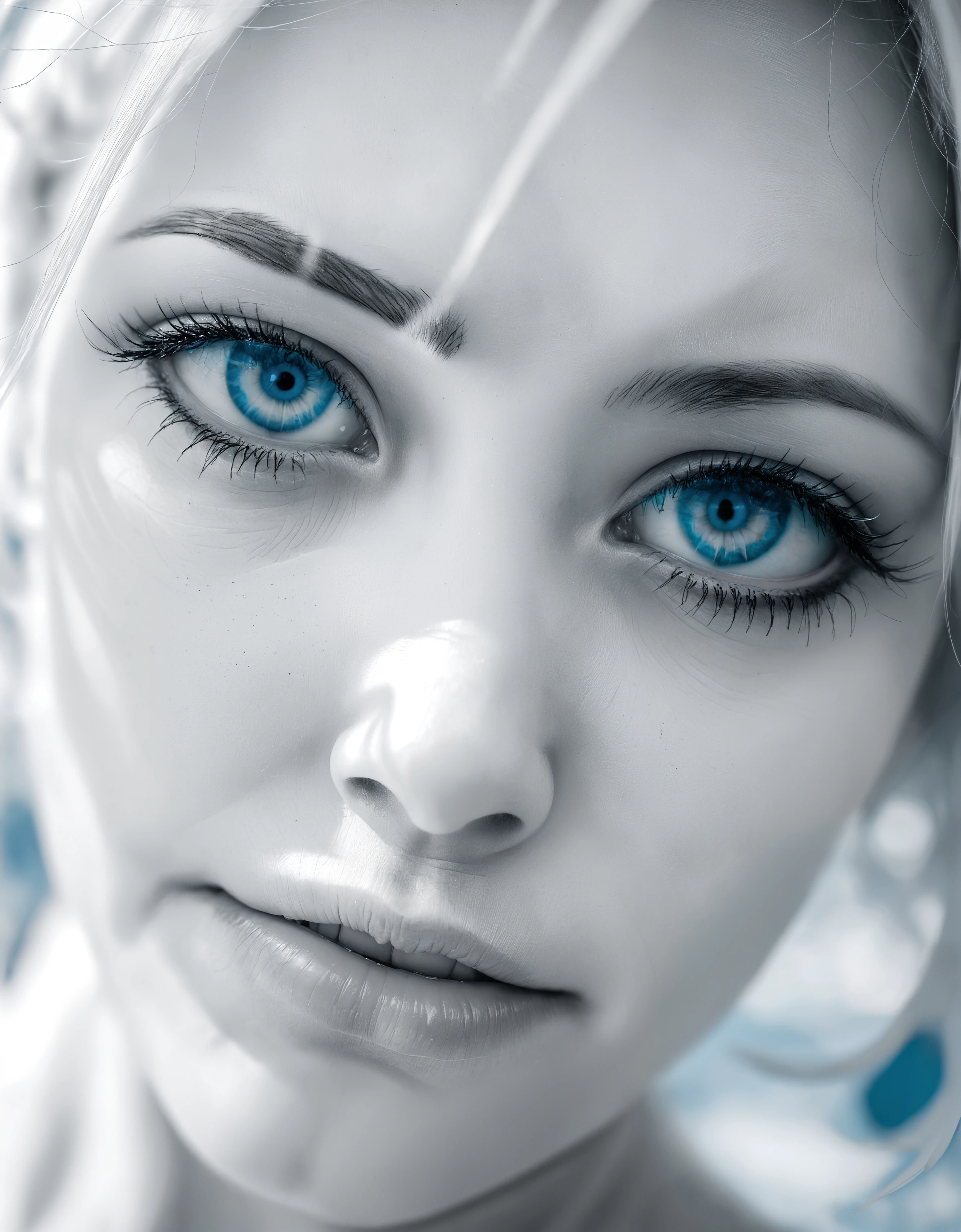 zavy-nfrrd, infrared, white, light-blue highlights, macro shot of a woman's face, eye, 100mm f/2.8 macro lens,