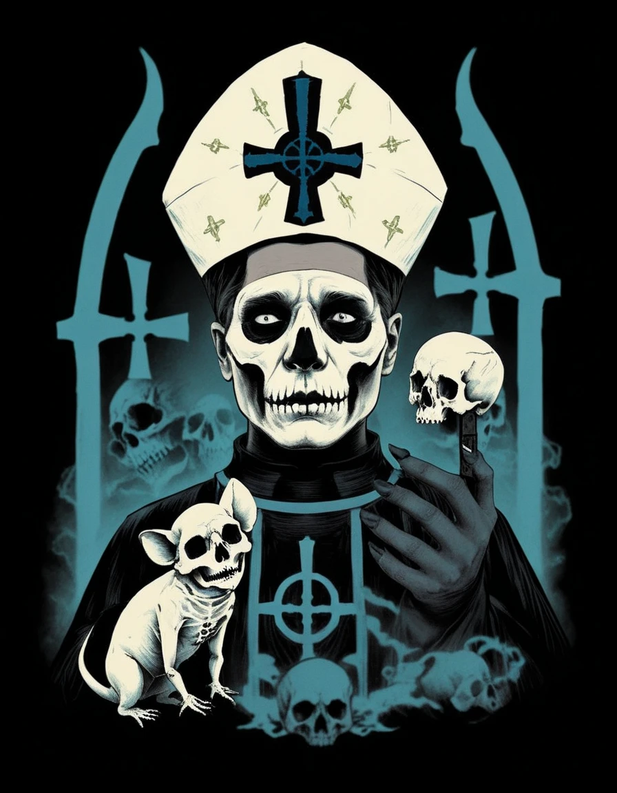 hud_ghst, 1boy, priest, makeup, mouse, skull, [ghost], retro artstyle, <lora:ghost_band_t_shirts-000006:0.7>