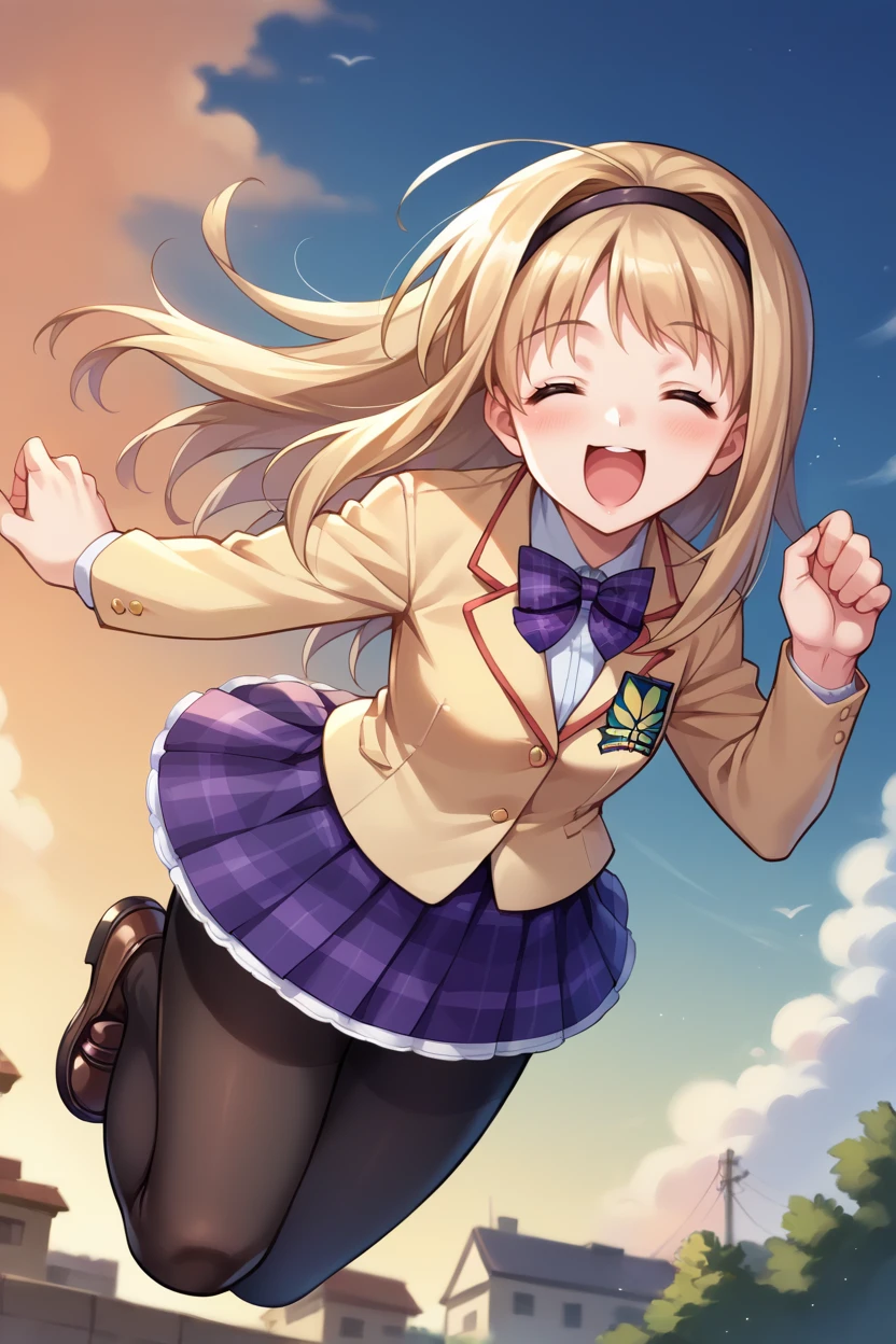 score_9, score_8_up, score_7_up, score_6_up, source_anime, BREAK 1girl, <lora:chnanami-pdxl-nvwls-v1-000006:1> chnanami, blonde hair, purple eyes, hairband, bowtie, yellow blazer, plaid skirt, pantyhose, loafers, jumping, closed eyes, happy, blue sky