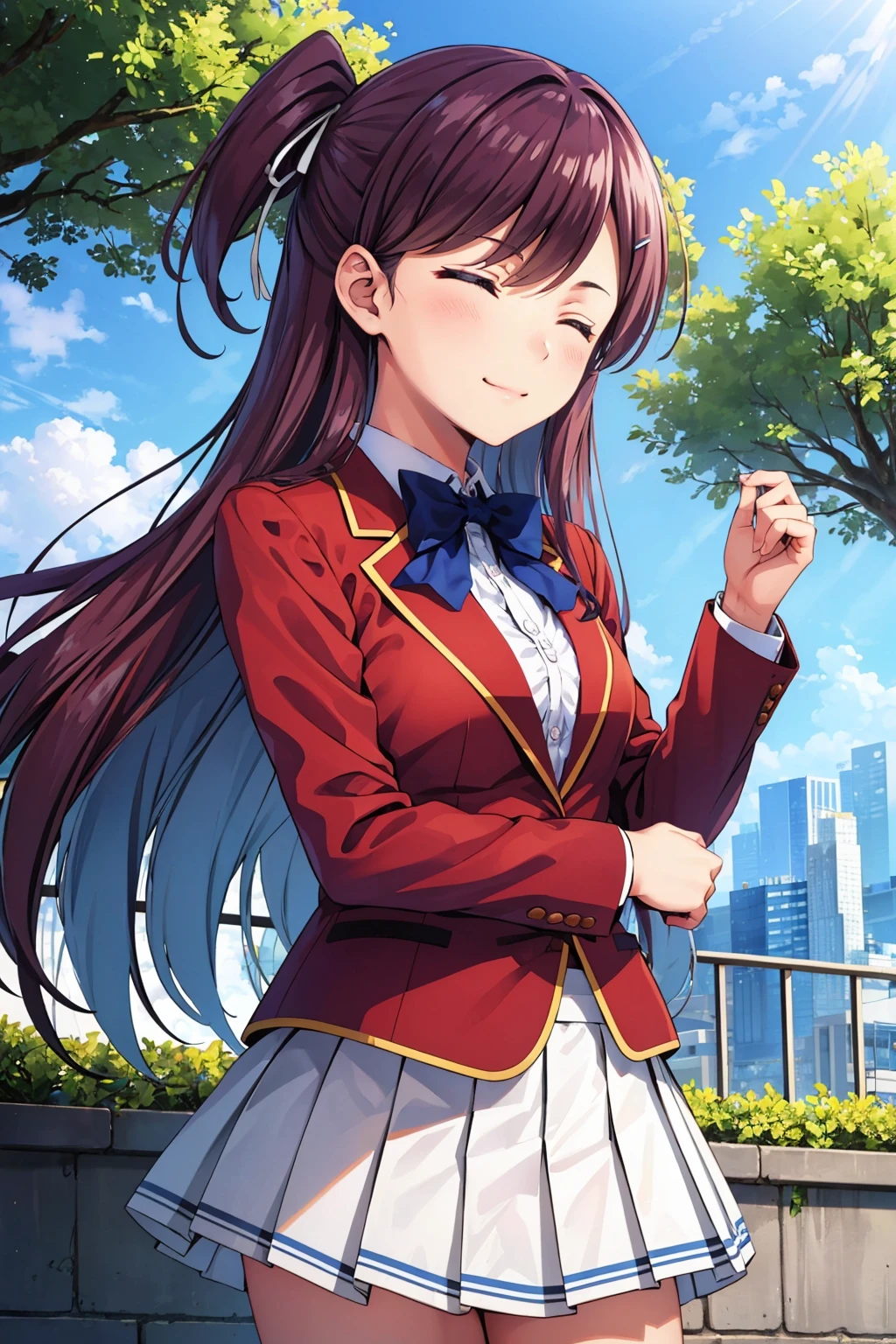 masterpiece, best quality, 1girl,  <lora:kamuromasumi-nvwls-v1-000009:0.9> masumi, one side up, hairclip, red blazer, blue bowtie, long sleeves, pleated skirt, white skirt, city, happy, closed eyes, smile, closed mouth, wind, trees