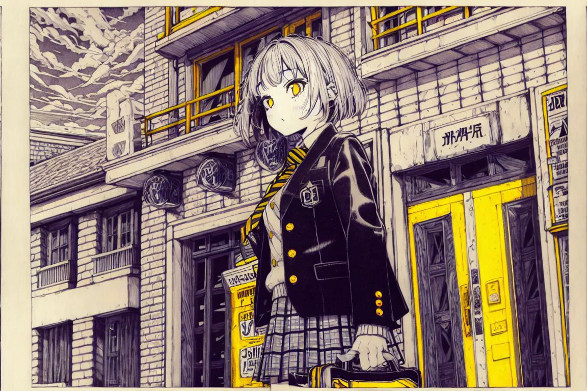 masterpiece, <lora:kitamurashu-56:1>
kitamurashu, 1girl, solo, short hair, skirt, shirt, long sleeves, holding, jacket, monochrome, yellow eyes, white shirt, white hair, pleated skirt, outdoors, necktie, medium hair, bag, black jacket, plaid, window, plaid skirt, traditional media, border, plant, building, white border, spot color, door, brick wall, yellow necktie, sky, yellow clouds