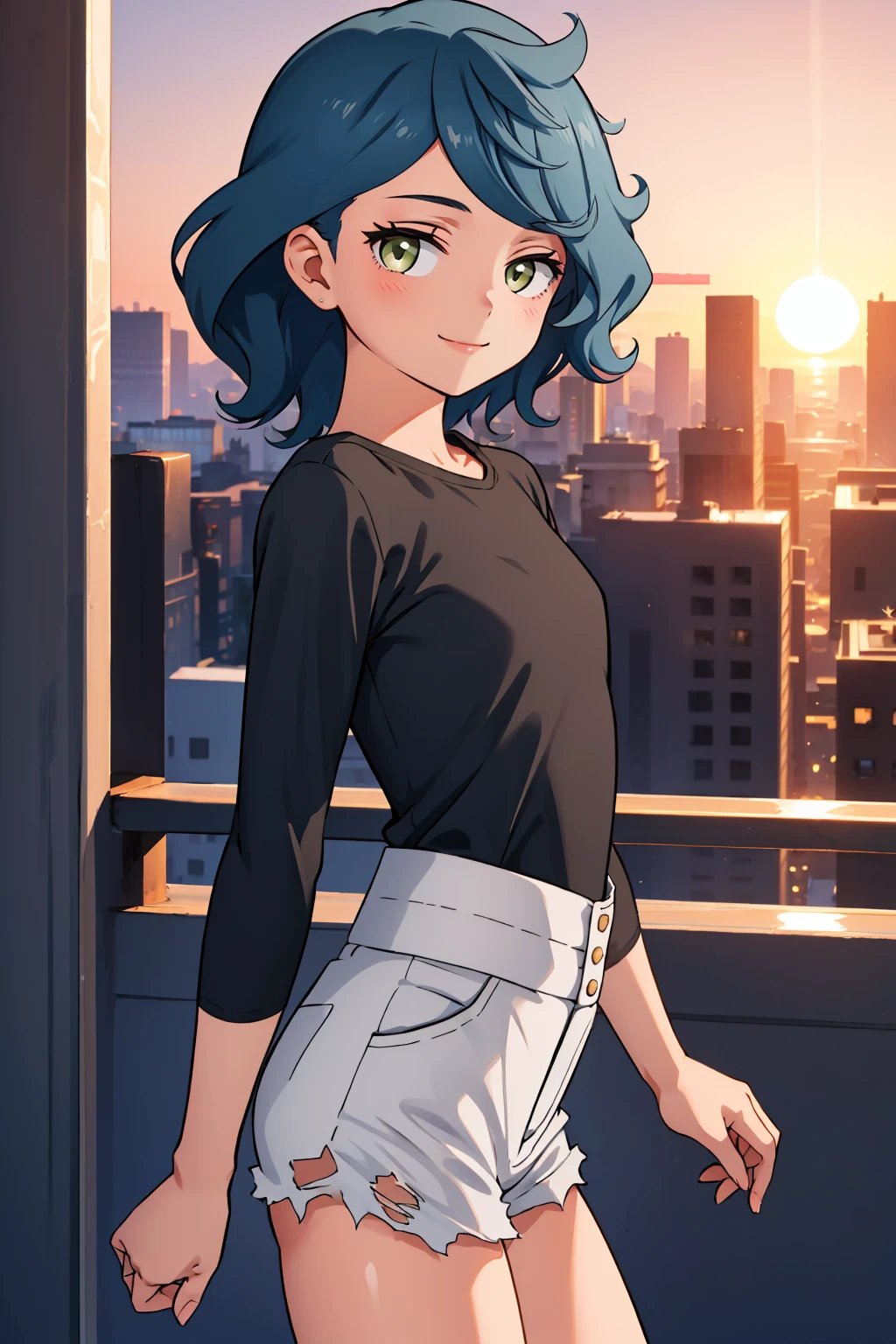masterpiece, best quality, 1girl, <lora:noreadunoc-nvwls-v1-000009:1> noreadunoc, black shirt, long sleeves, white shorts, torn shorts, from side, city, sunset, smile, looking at viewer, cowboy shot
