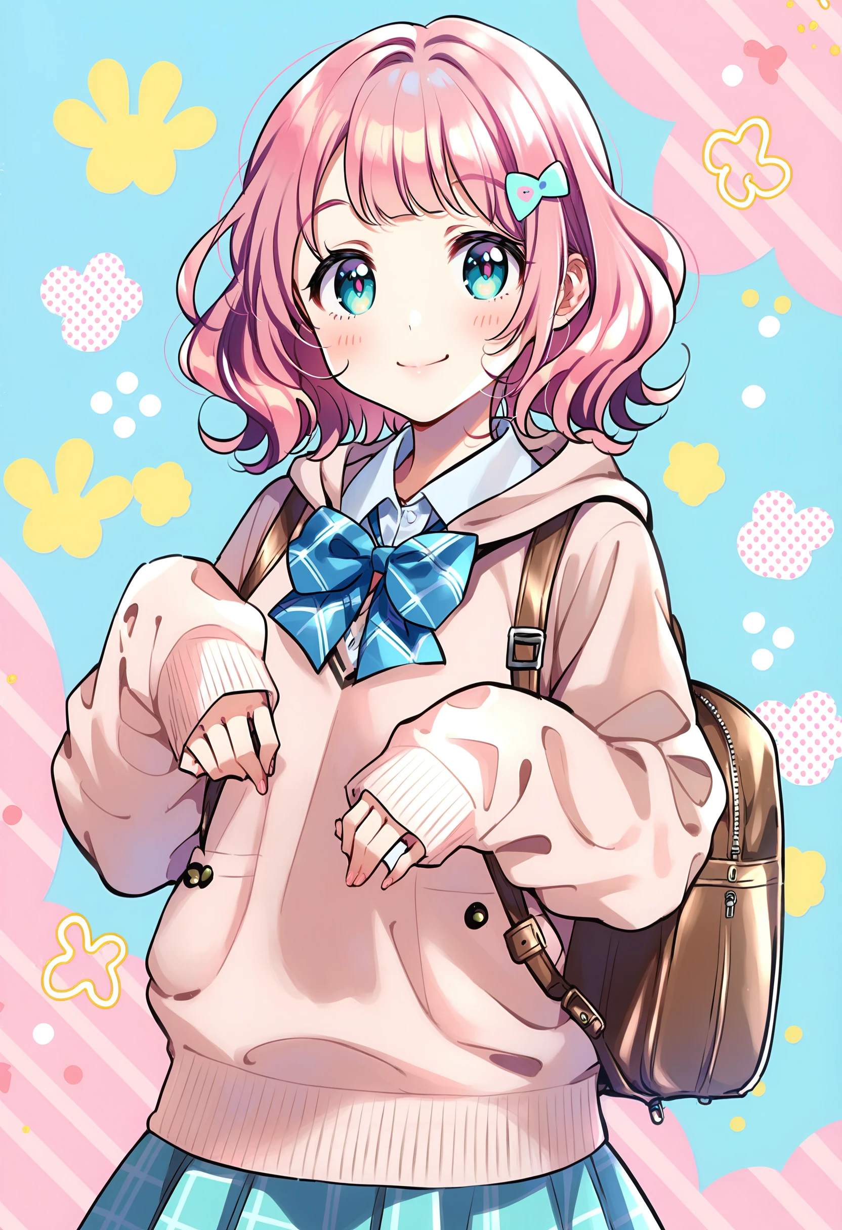 score_9, score_8_up, score_7_up, score_6_up, score_5_up, score_4_up, source_anime, <lora:Pony_Style8356194477v3-000210>, 1girl, skirt, hood, solo, smile, backpack, bag, hoodie, bow, blue skirt, simple background, pink hoodie, blush, looking at viewer, long sleeves, pleated skirt, hood down, blue bow, bowtie, plaid, plaid skirt, closed mouth, cowboy shot, sleeves past wrists, shirt, collared shirt, short hair, hairclip, white shirt, aqua eyes, pink hair, dot nose, rabbit, miniskirt, medium hair, puffy sleeves, standing, blue bowtie, blunt bangs, animal on shoulder, drawstring, blush stickers, blue eyes, puffy long sleeves, school uniform, aqua skirt, animal, aqua bow, animal print, pink sweater, wavy hair, plaid bow, sweater