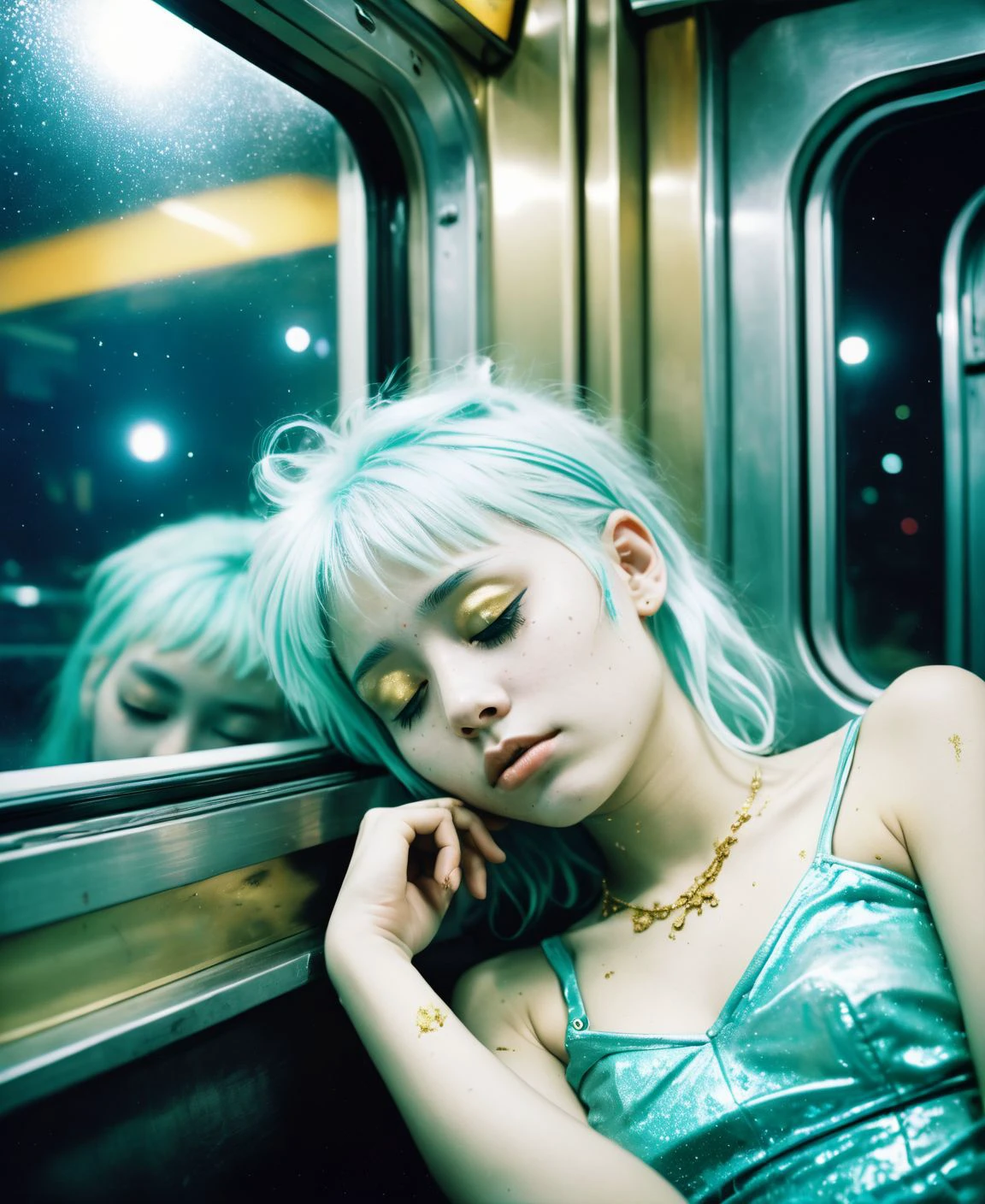 candid snapshot of a young alien girl with (aqua-coloured skin and with golden dust:1.2) and with white hair as a tired party girl asleep on a night train with her head leaning against the window after a night of partying in japan, highly detailed, award winning photo,(polaroid style:0.6), (cross processing:0.6)